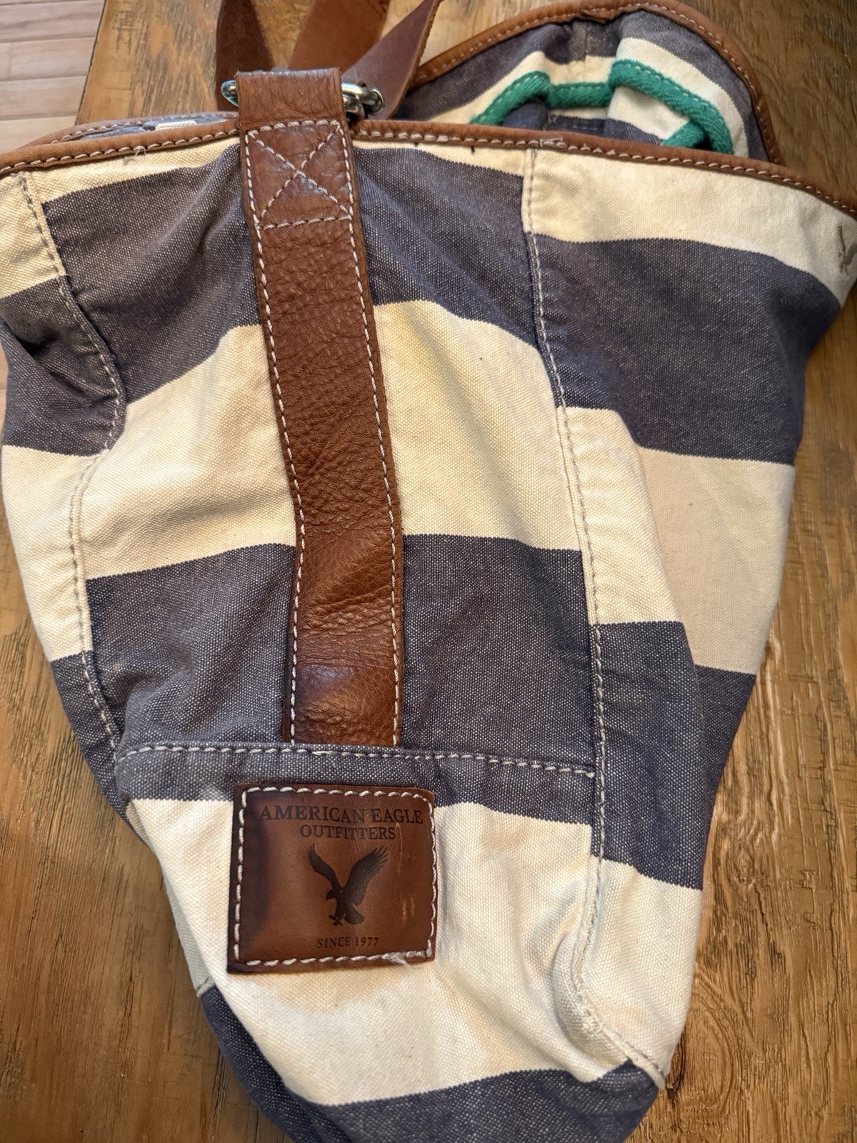 VTG American Eagle Messenger School Bag Stripe Cotton Leather Strap & Patches