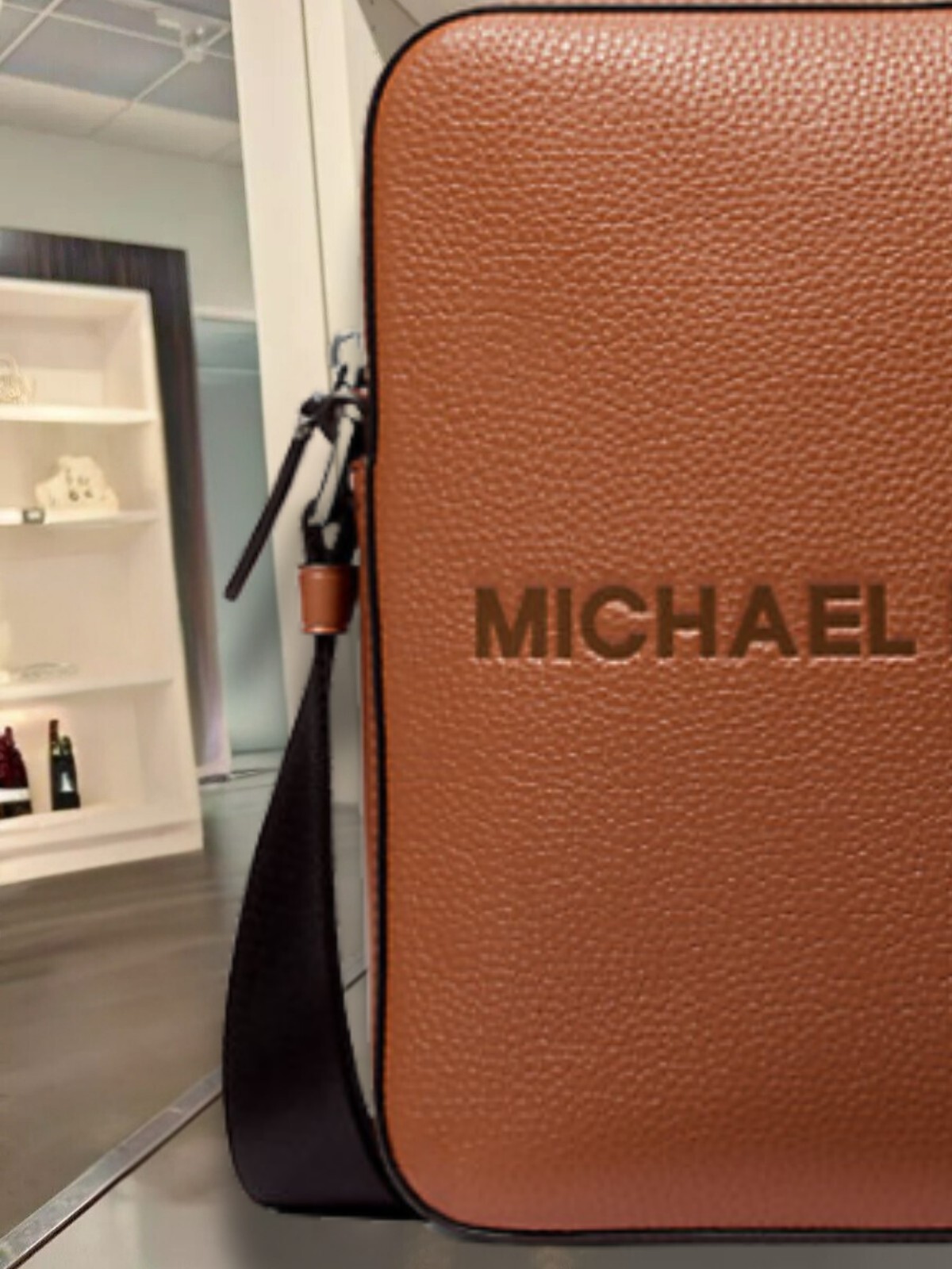 Michael Kors Cooper Men Logo Embossed Leather Crossbody Messenger Bag Luggage