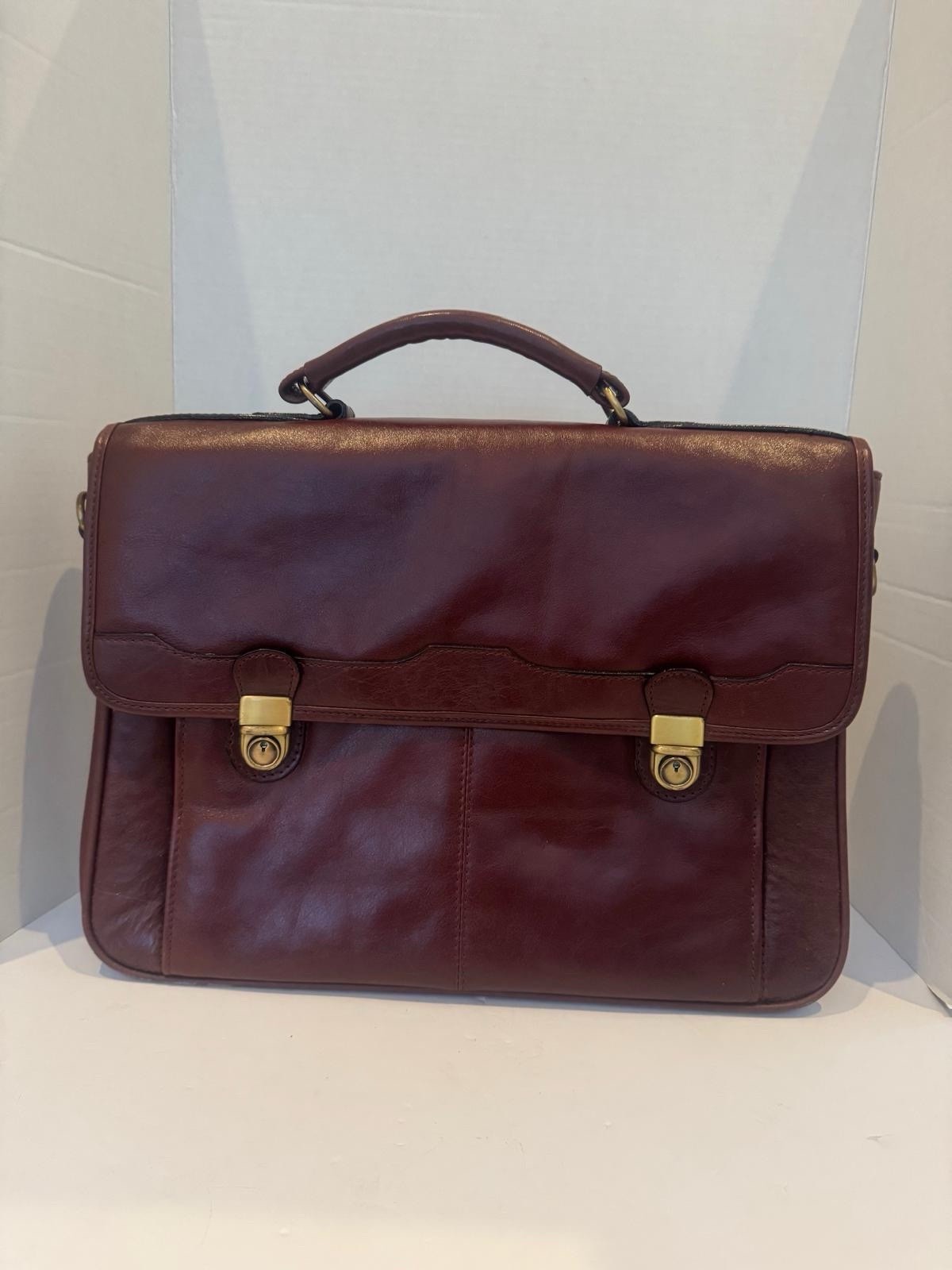 Vintage Burgundy Full‑Grain Leather Briefcase — Brass Hardware