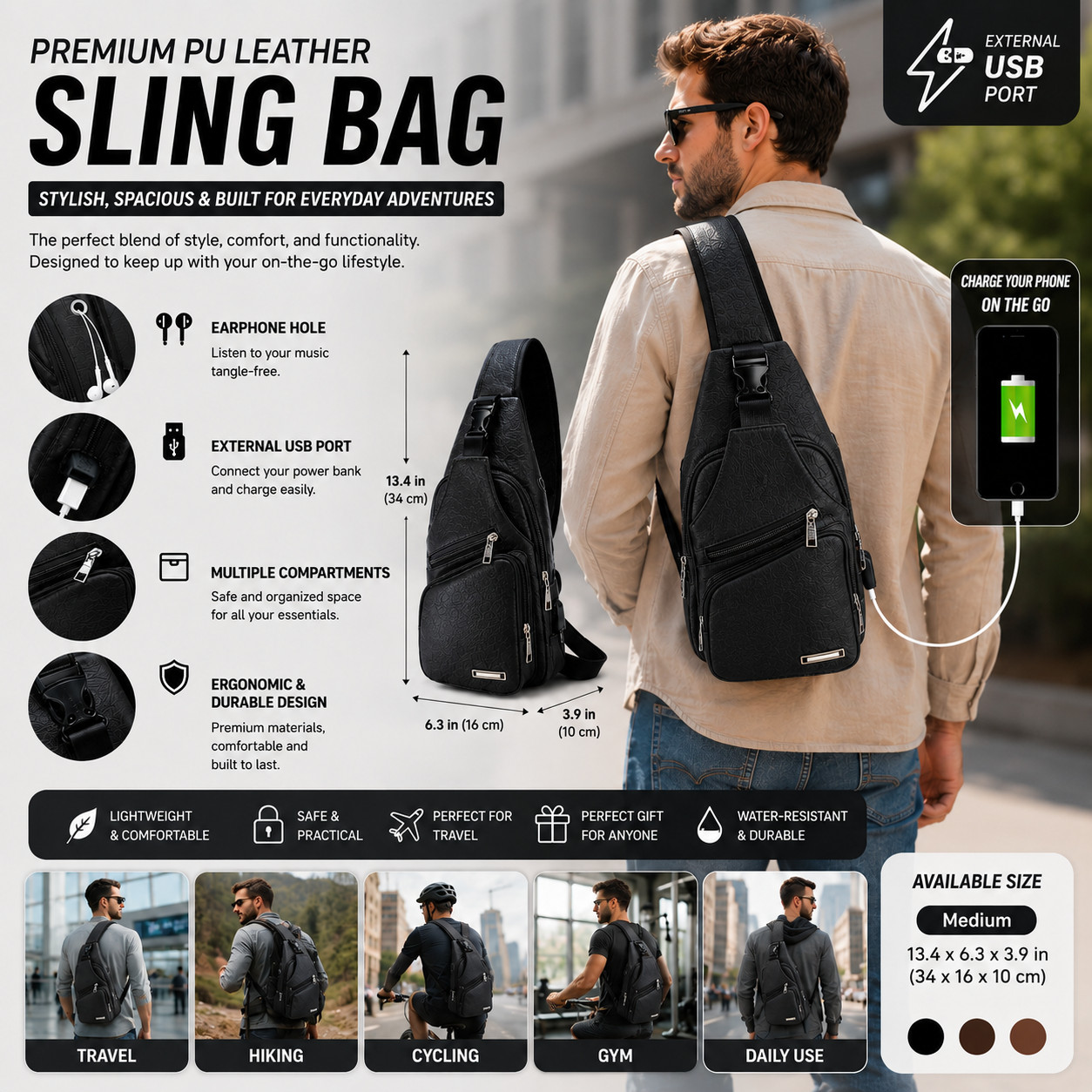 Black Chest Crossbody Bag Sling Backpack for Men with USB Charge Port