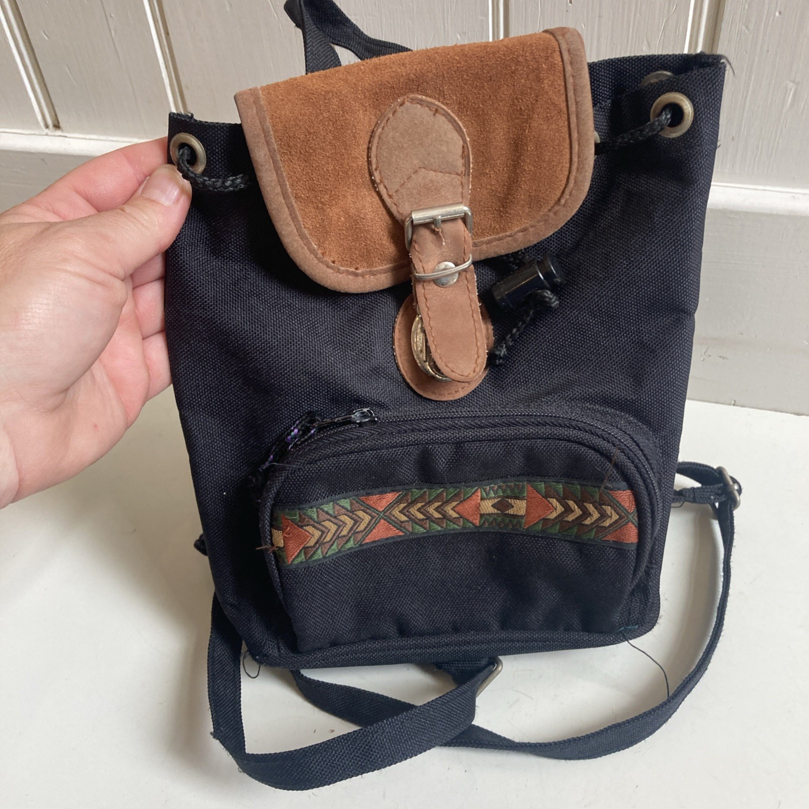 Vintage 90s Mini Suede & Canvas Backpack Black Purse Aztec Bottom Zipper Storage