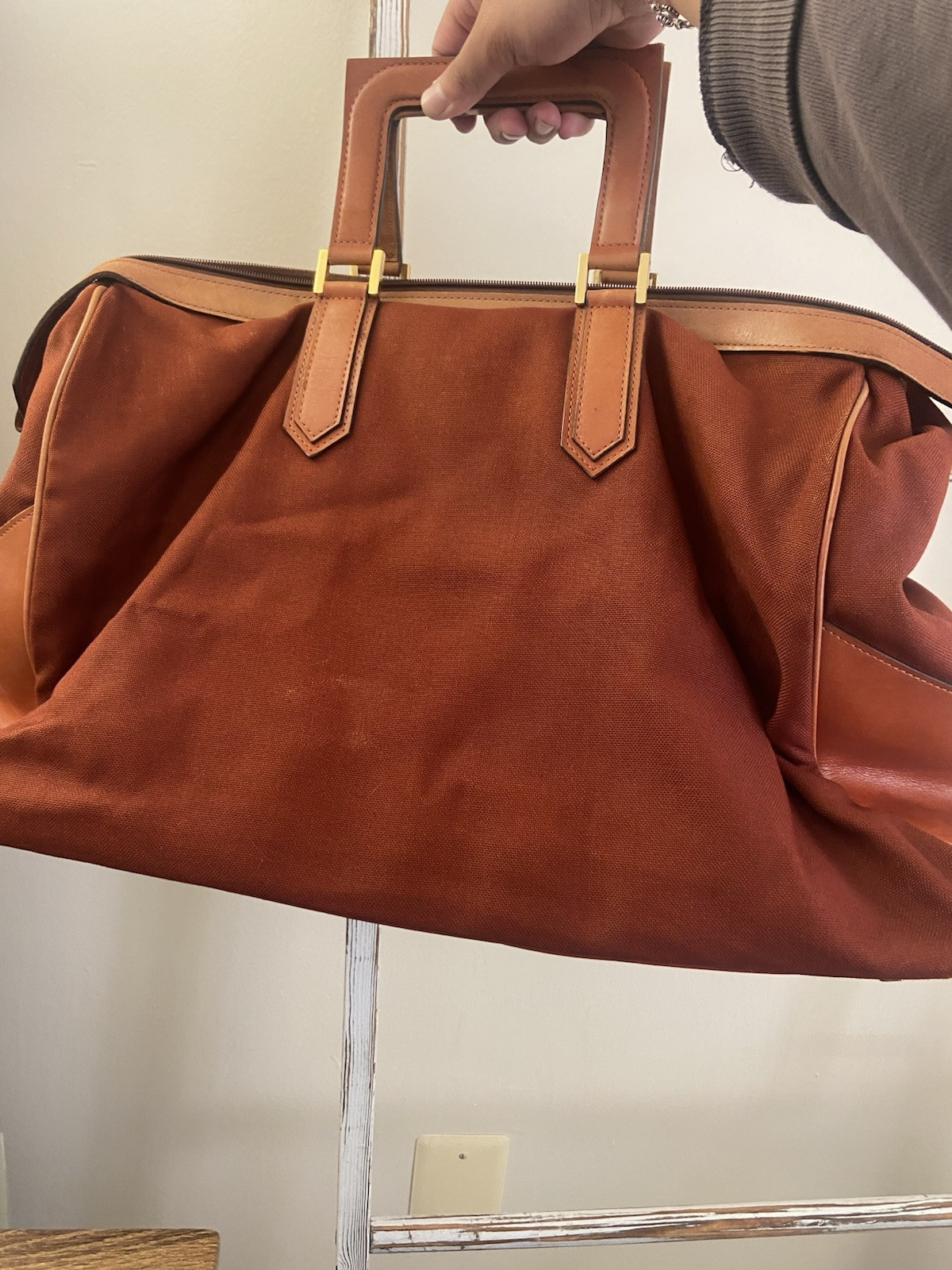 Yves Saint Laurent Vintage Canvas Red Brown Large Duffle Boston Bag, Fair Cond