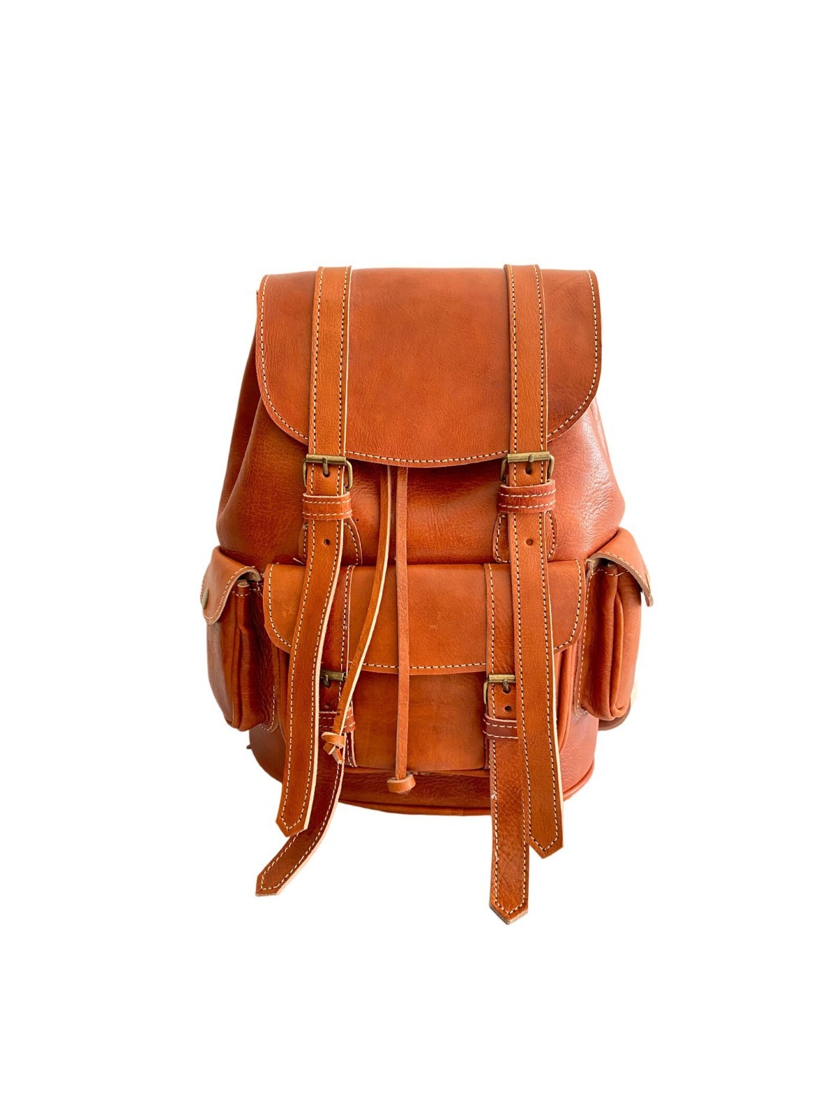 Cognac Leather Backpack Handmade Morocco 2 Pockets Genuine Leather Bag