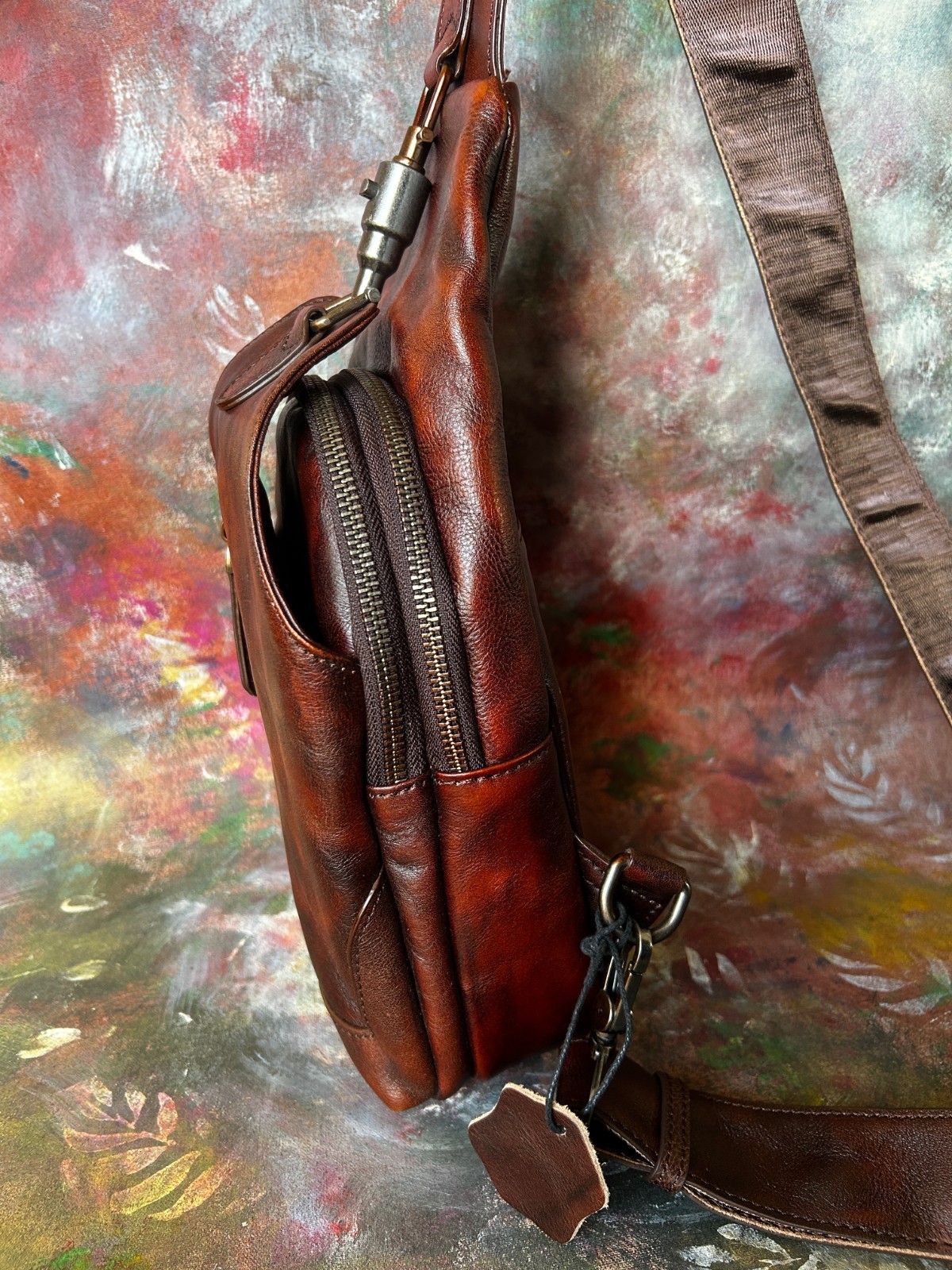 Reddish Brown Leather Sling Bag, Multi-Compartment, Medium Size, Unbranded