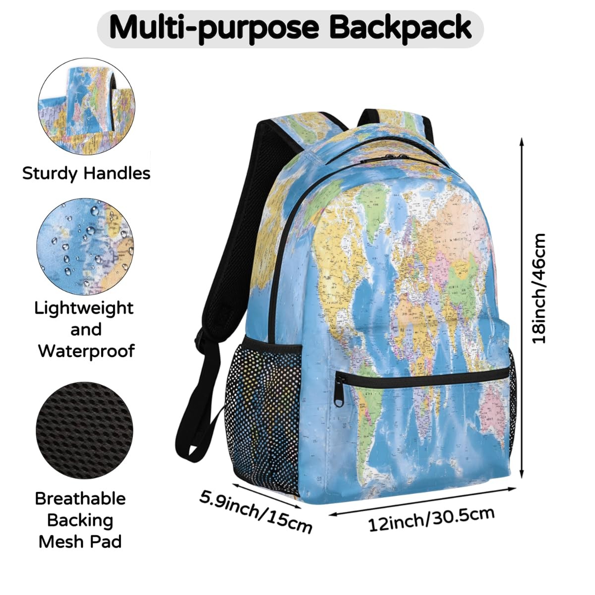 1 PC Globe World Map School Bag Student Backpack Laptop Rucksack For Teens