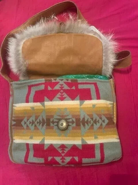 Pendleton Aztec Southwestern Chief Blanket Wool, Leather Fur cross body tote bag