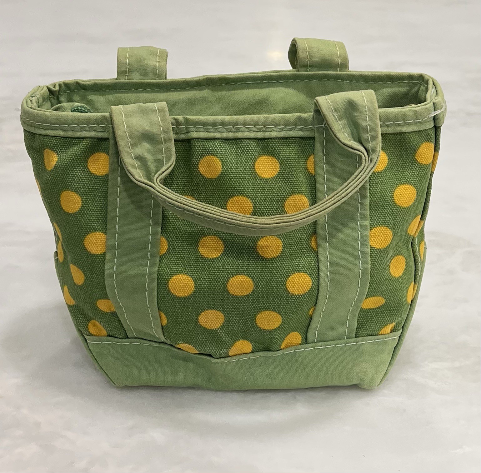 LL Bean Mini Boat And Tote Bag Canvas Green Yellow Polka Dot Small Zipper