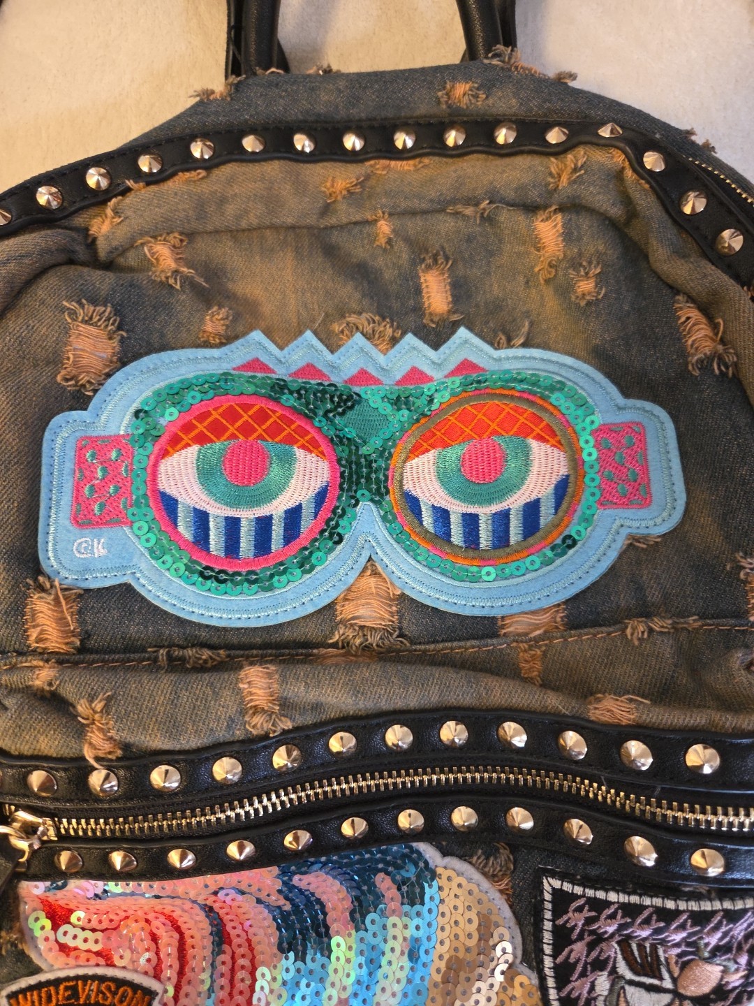 Distressed Soft Denim Backpack Patches Embroidery Sequins Eyes Grunge Studs Zip