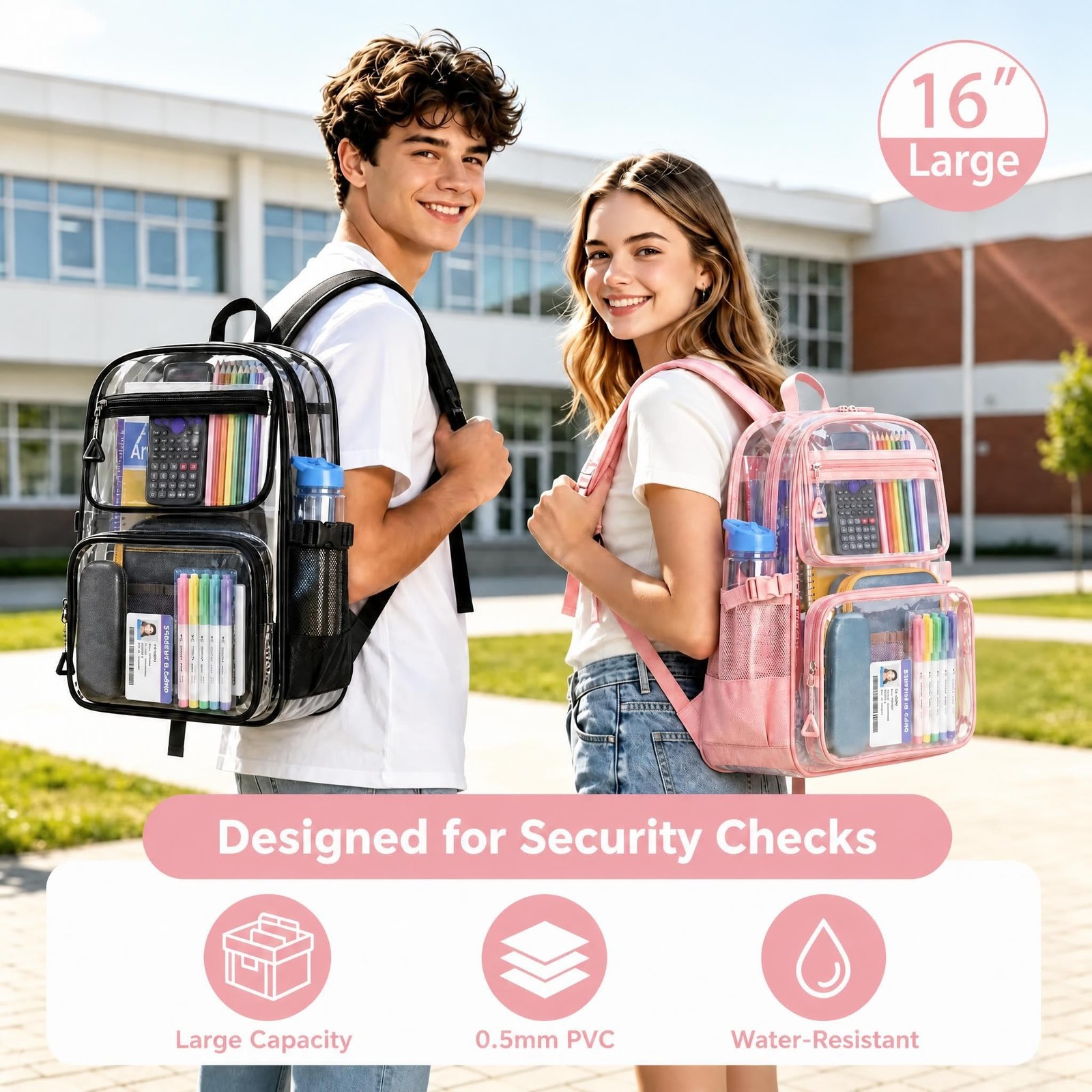 Clear Backpack 16″ X 12″ X 5.5″ Large Capacity PVC Transparent Bookbag – Ideal