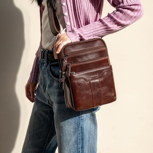 Leather Messenger Bag for Men, Small Leather Sling Shoulder Bag Messenger Pac