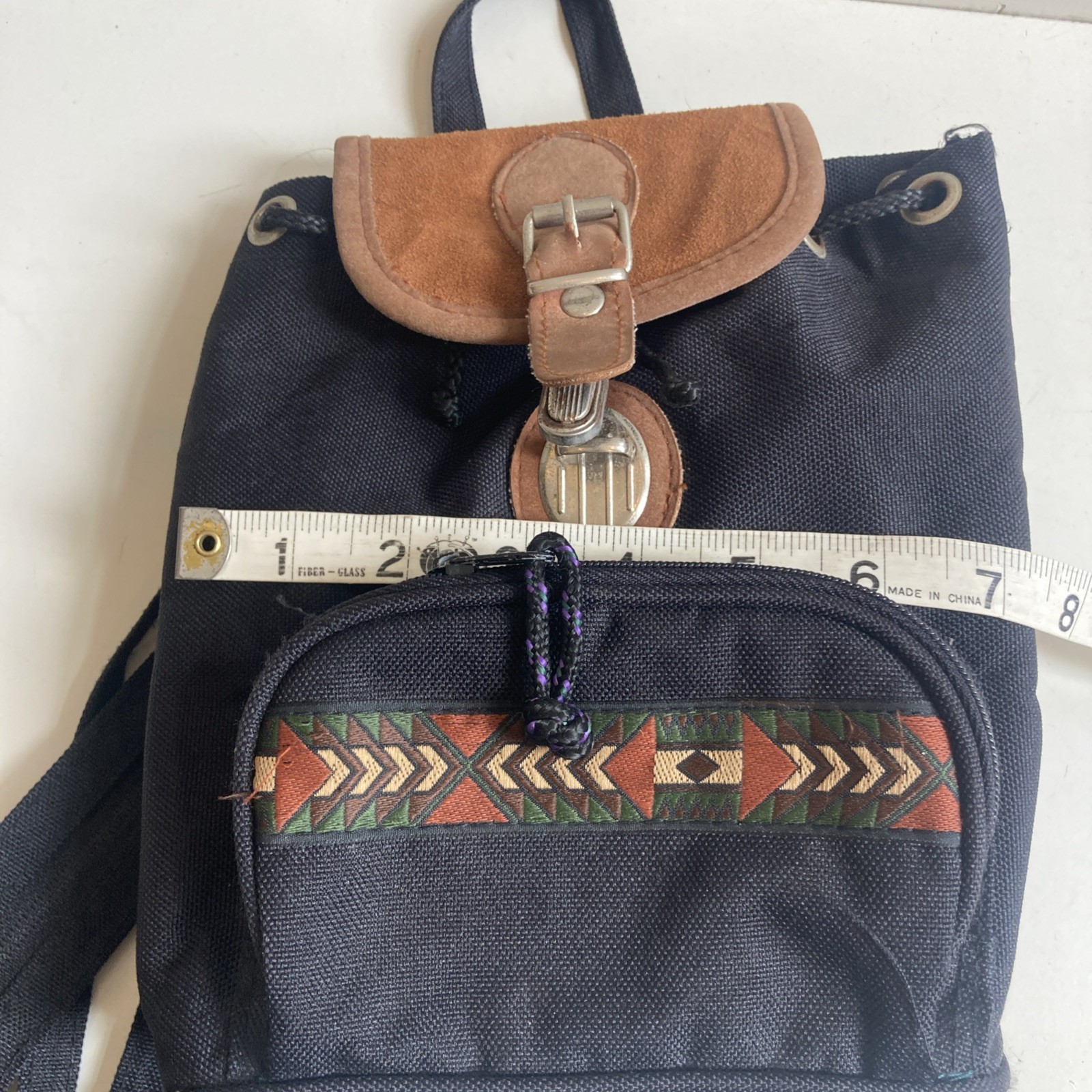 Vintage 90s Mini Suede & Canvas Backpack Black Purse Aztec Bottom Zipper Storage