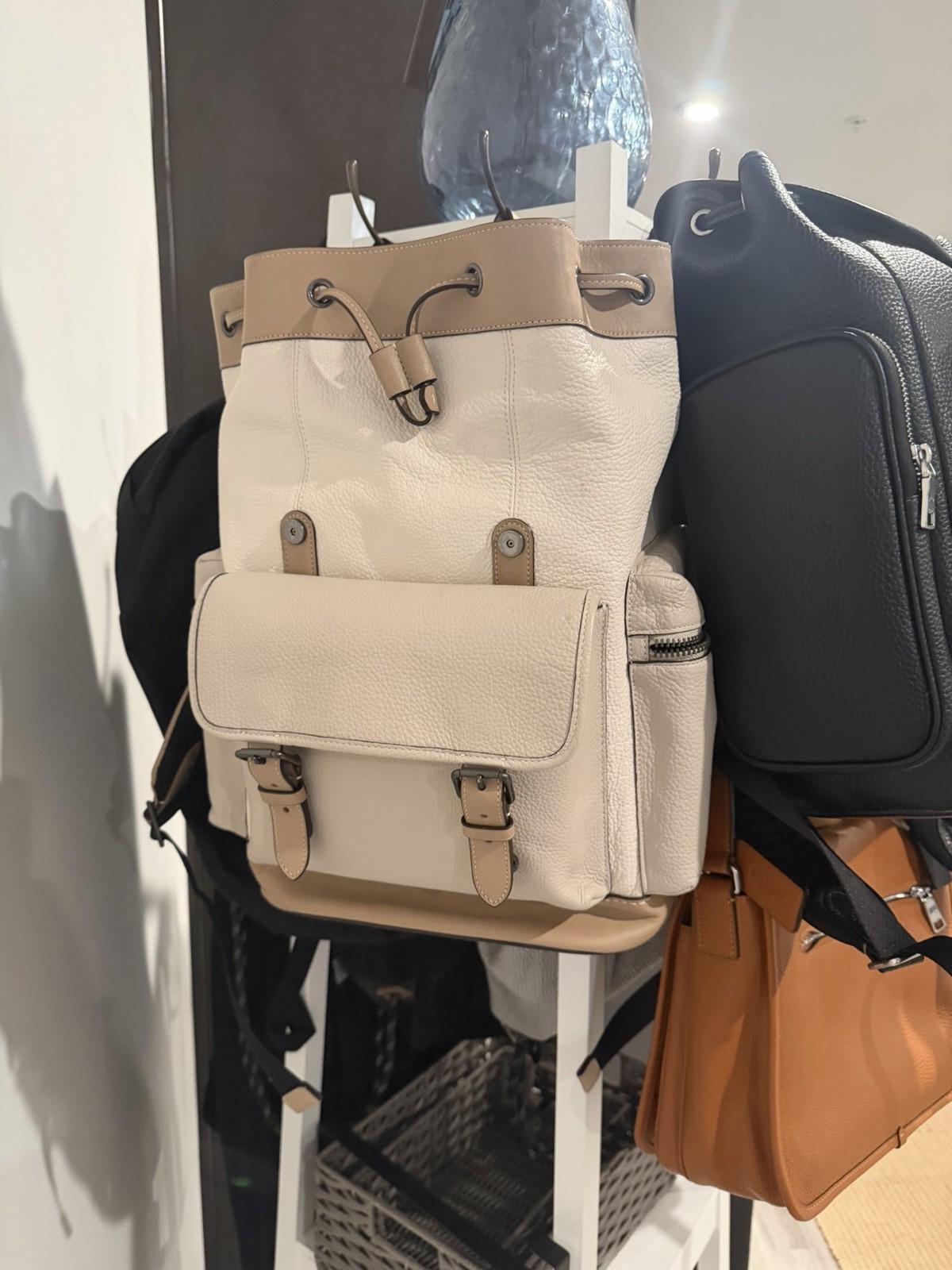 Coach Ivory/Beige Pebbled Medium Backpack Drawstring Buckle Outer Pockets
