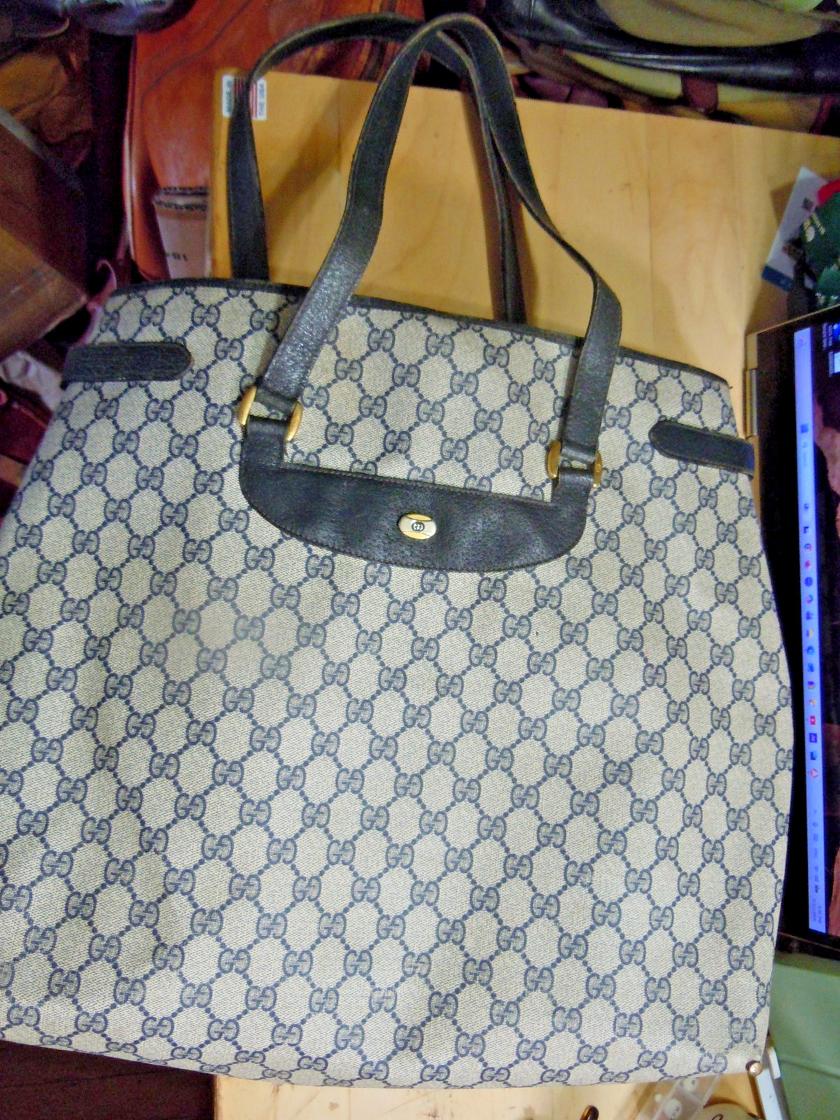 VTG GUCCI GG Vintage Tote Big Shopper Rare Navy Leather Bag 39.02.061 Sherry