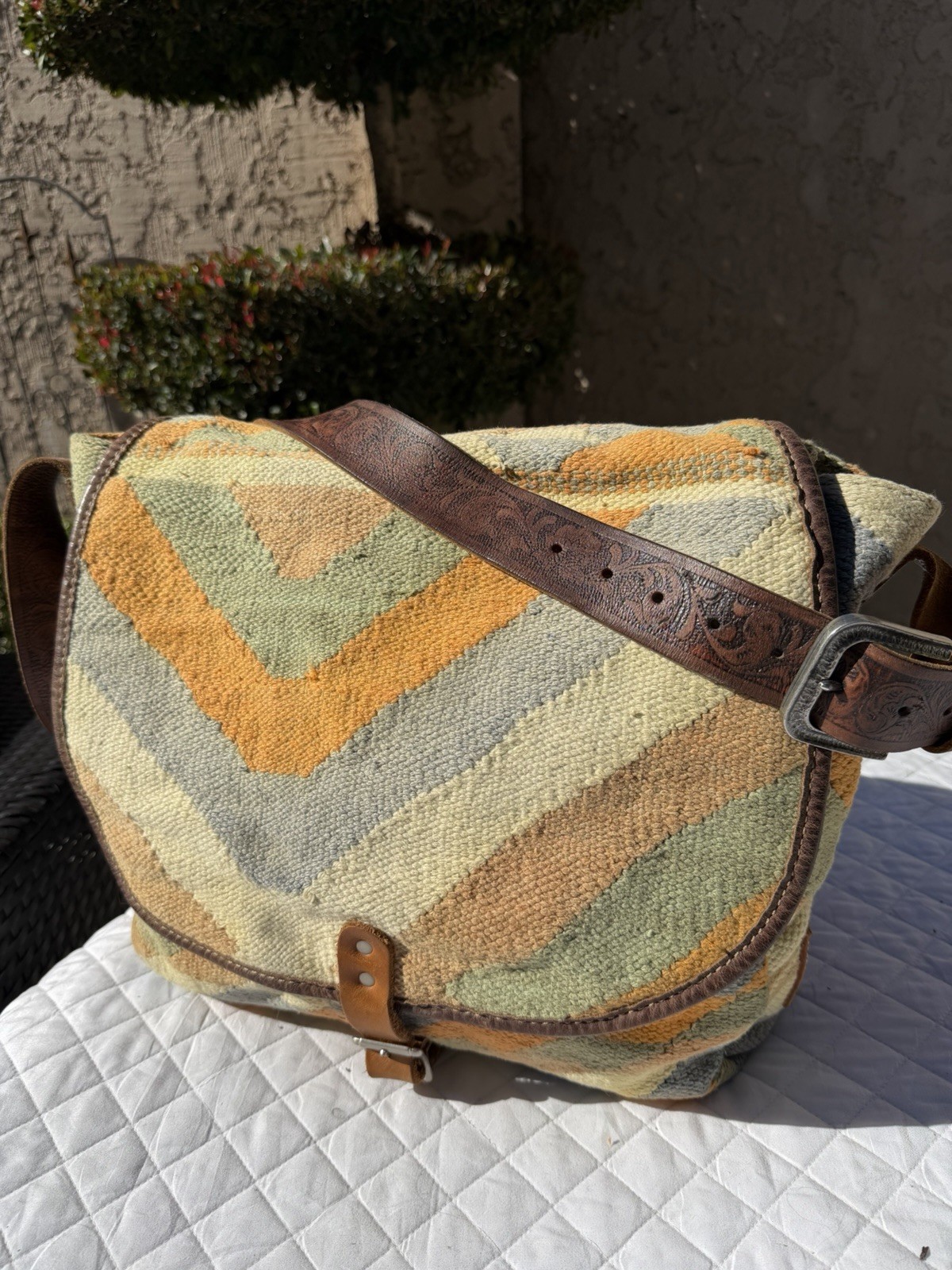 Will Leather Goods Dhurrie Tooled Messenger Bag Native American Woven Southwest
