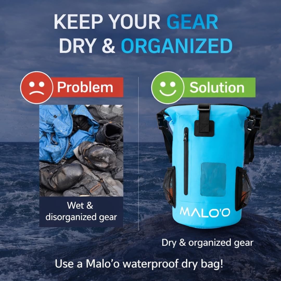 Malo’o 30L Waterproof Dry Bag Backpack – Roll Top Heavy Duty 500D PVC Dry Pac…