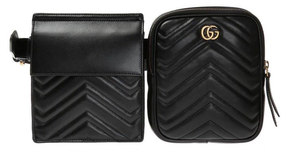 NEW GUCCI GG MARMONT TRAPUNTA CHEVRON BLK LEATHER DOUBLE BELT BAG 100/40 UNISEX