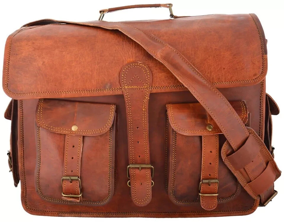 Handmade Genuine Goat Leather Men’s Classic Satchel Laptop Messenger Retro Bag