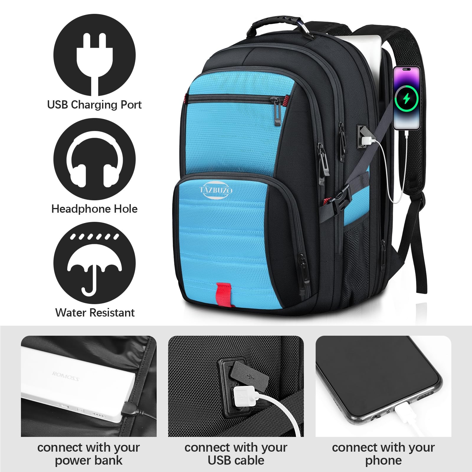 18.4 Inch Extra Large Backpack 55L Travel Laptop Water Resistant Hiking Blue