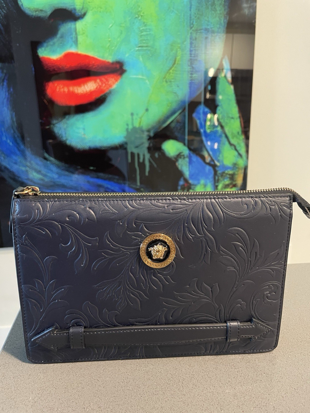 Versace Pouch Embrossing Calf Leather Navy Blue $900 Retail
