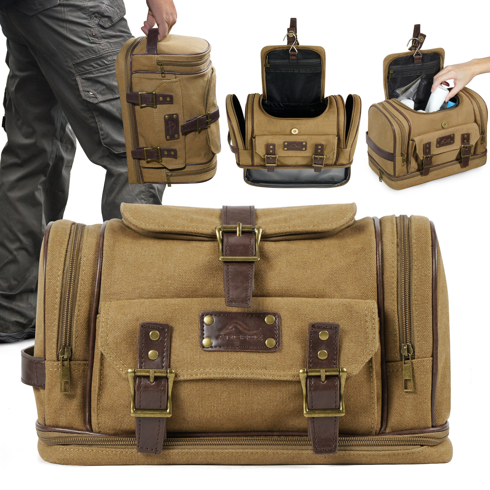 Canvas Hanging Travel Toiletry Bag Portable Wash Bag Cosmetics Shaving Organizer