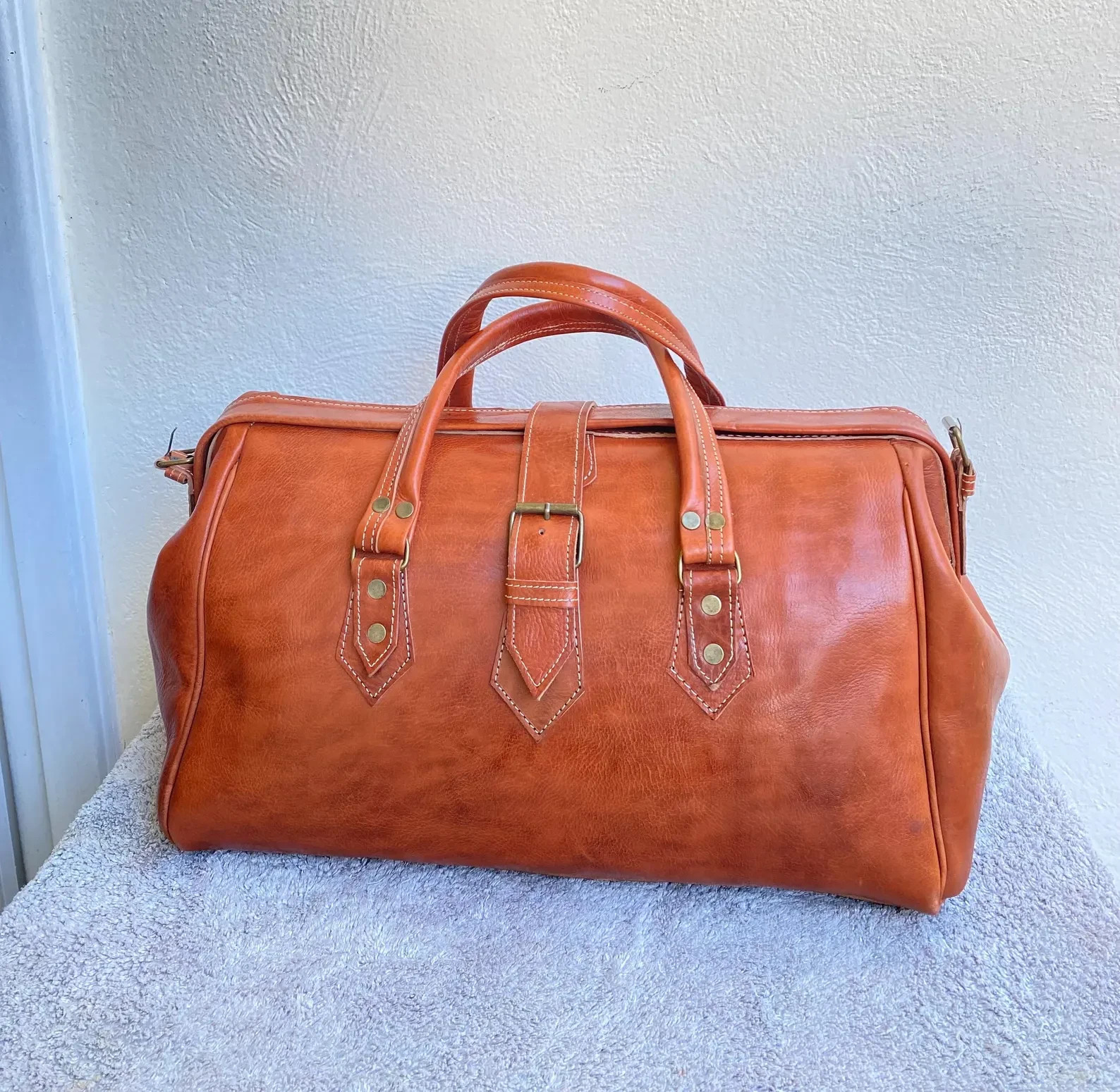 Handcrafted Genuine Leather Travel Bag – All Cognac Open-Top Moroccan Duffel Bag