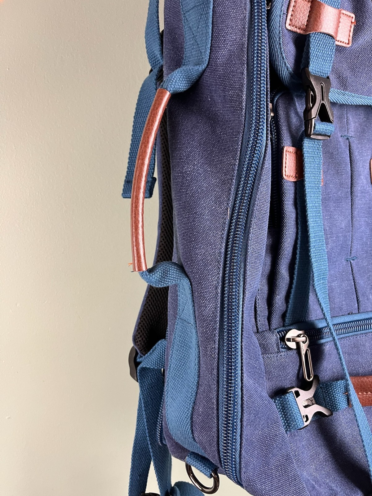 WITZMAN Travel Backpack Convertible Canvas Bag Navy Blue Leather Trim Luggage