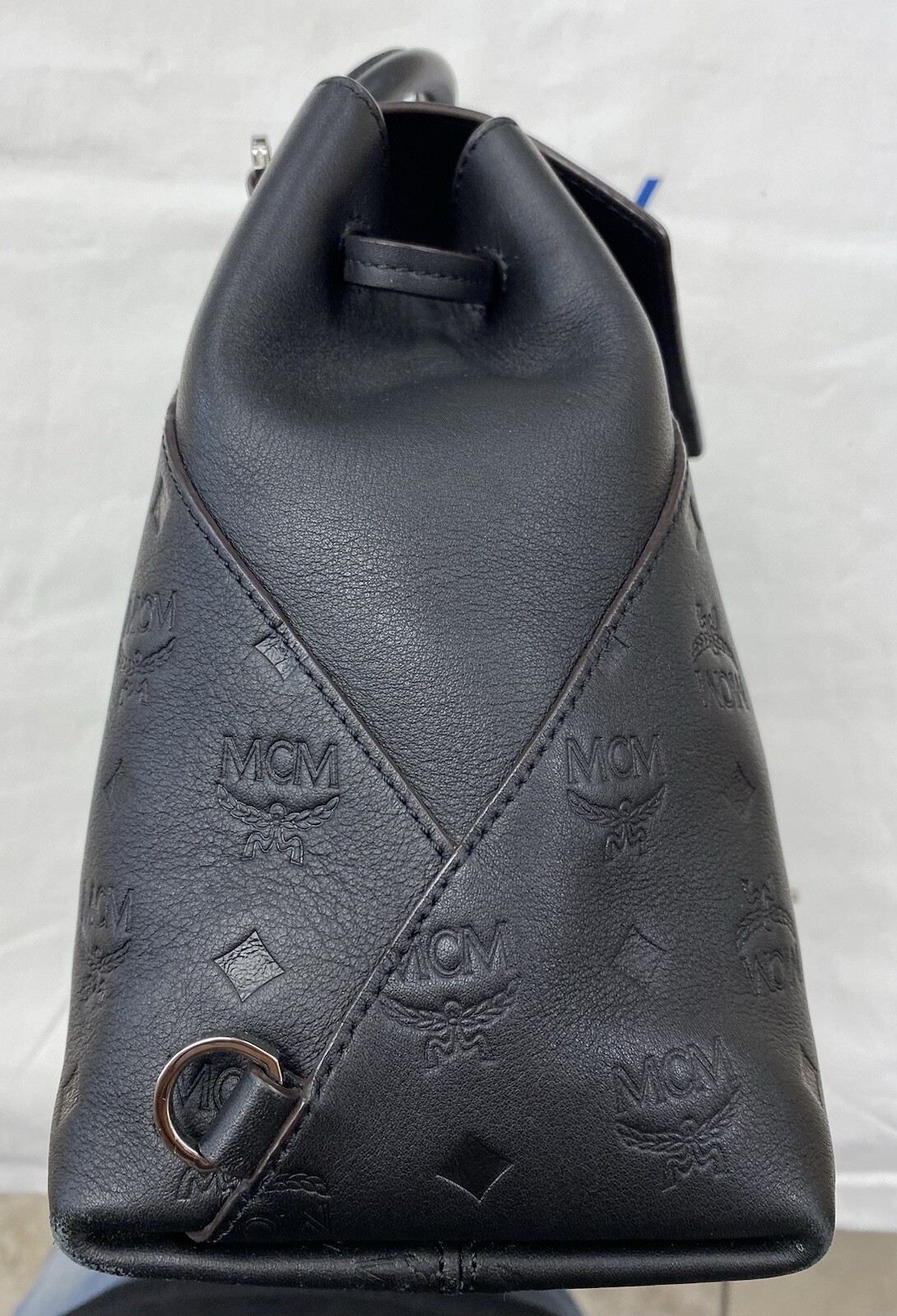 MCM Essential Monogram Leather Small Backpack In Charcoal 10×8.5×4.5 Dark Brown