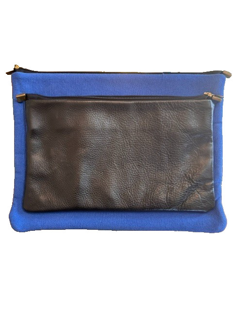 Steve Mono Spain Black Leather & Cobalt Blue Canvas Double Envelope Bag Clutch