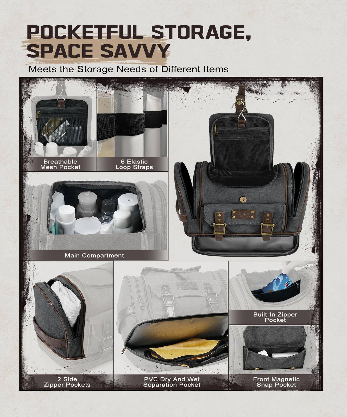 Canvas Hanging Travel Toiletry Bag Portable Wash Bag Cosmetics Shaving Organizer