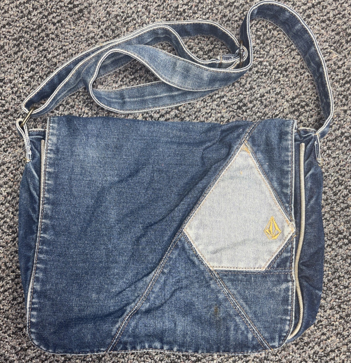 Vintage Volcom Denim Messenger Bag 90s/Y2k Style Blue Jeans Embroidered Skater