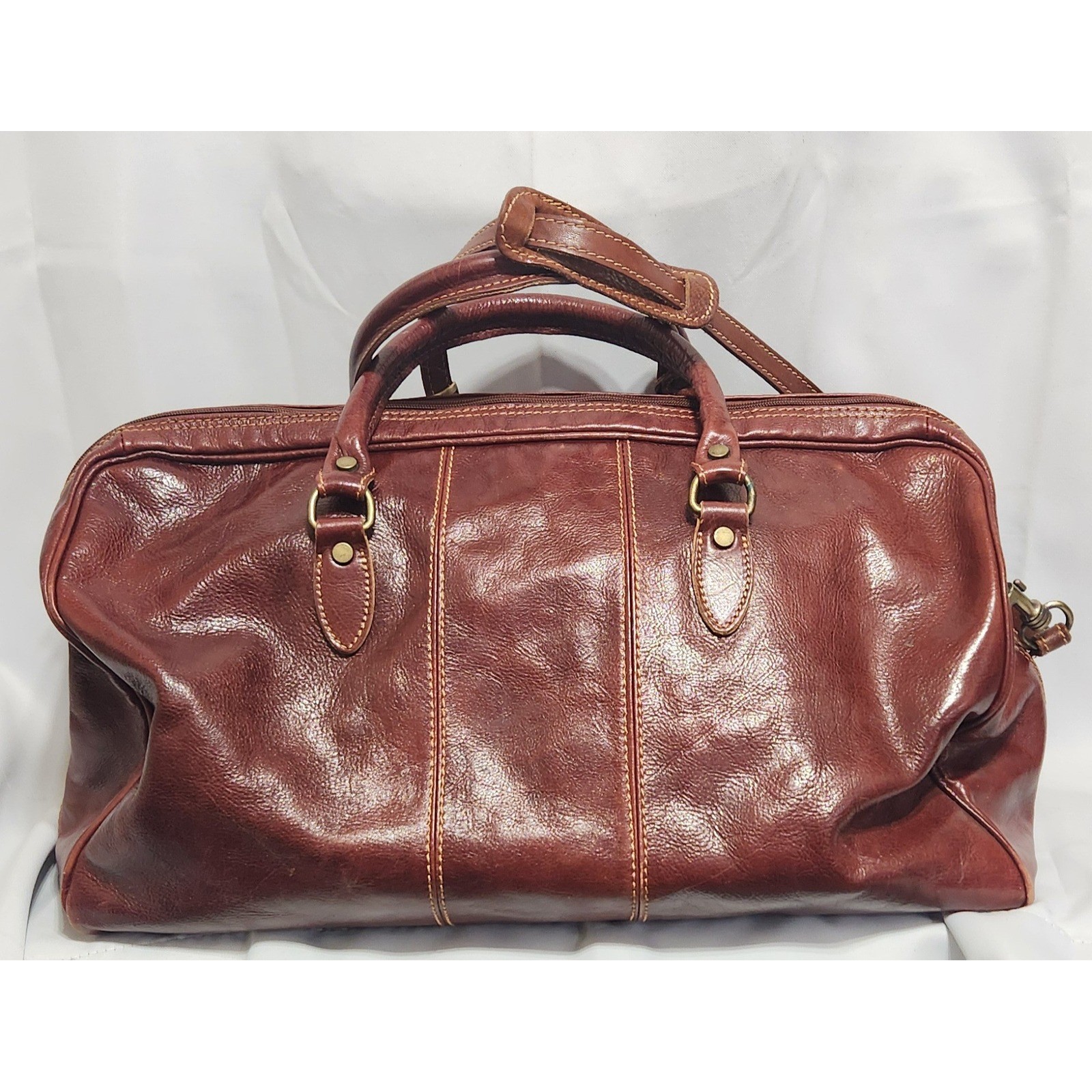 Vintage Floto Made in Italy Brown Leather Duffel Bag Travel Weekender Cognac