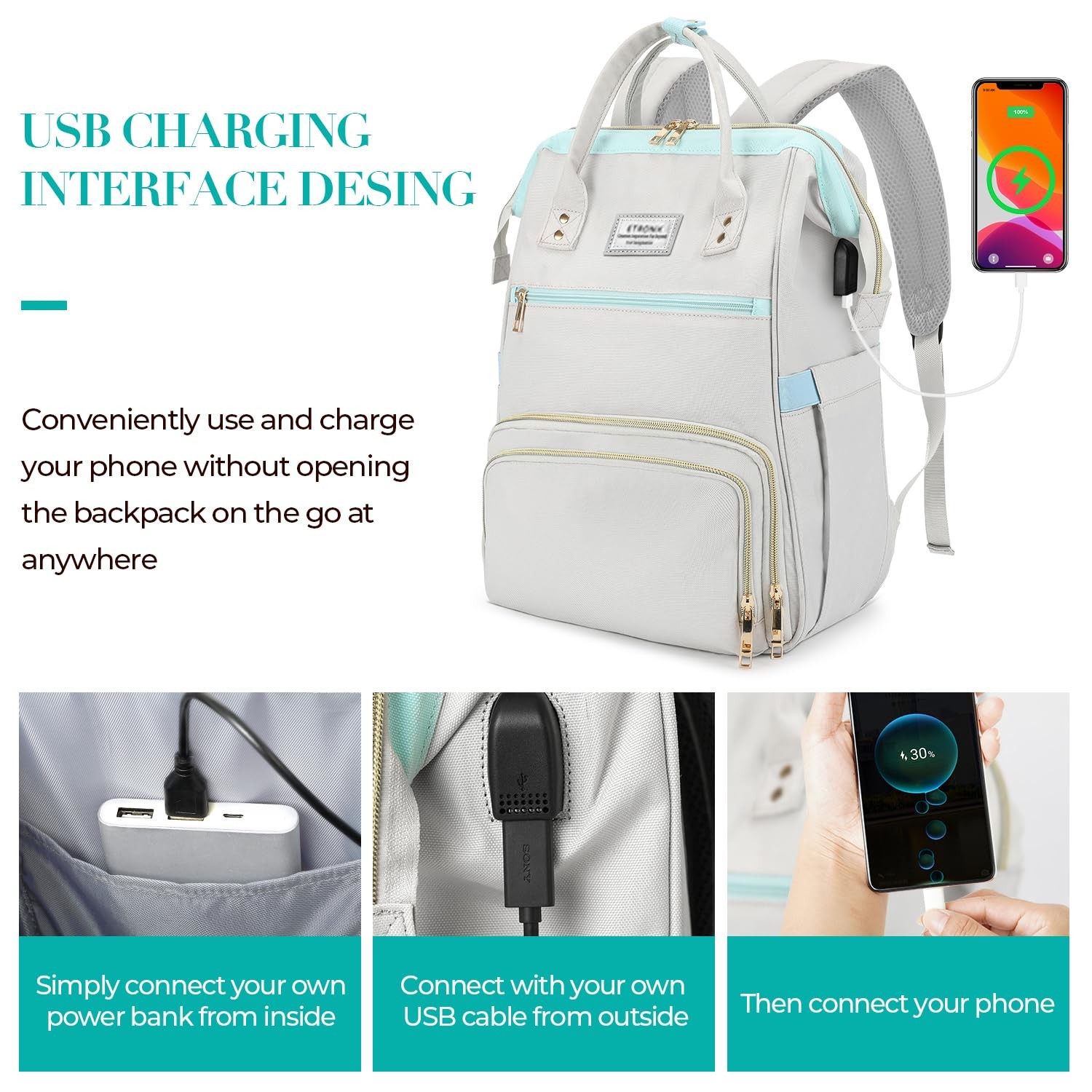 Grey Blue 15.6 Inch Lunch Backpack, USB Port, Insulated, Nurse, Teacher, Women