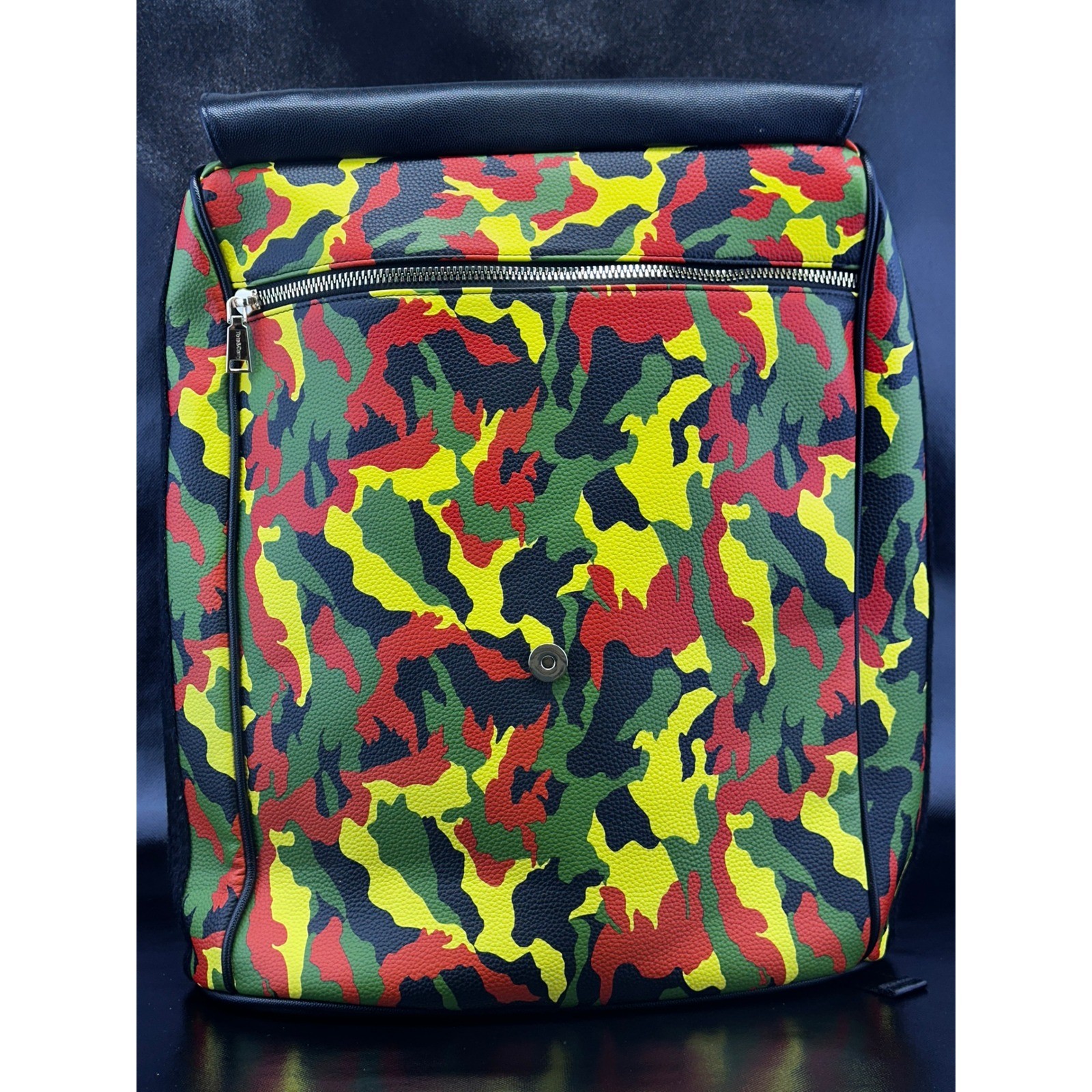Colorful Camo Flap Backpack – Front Zipper Pocket, Faux Leather, Multicolor