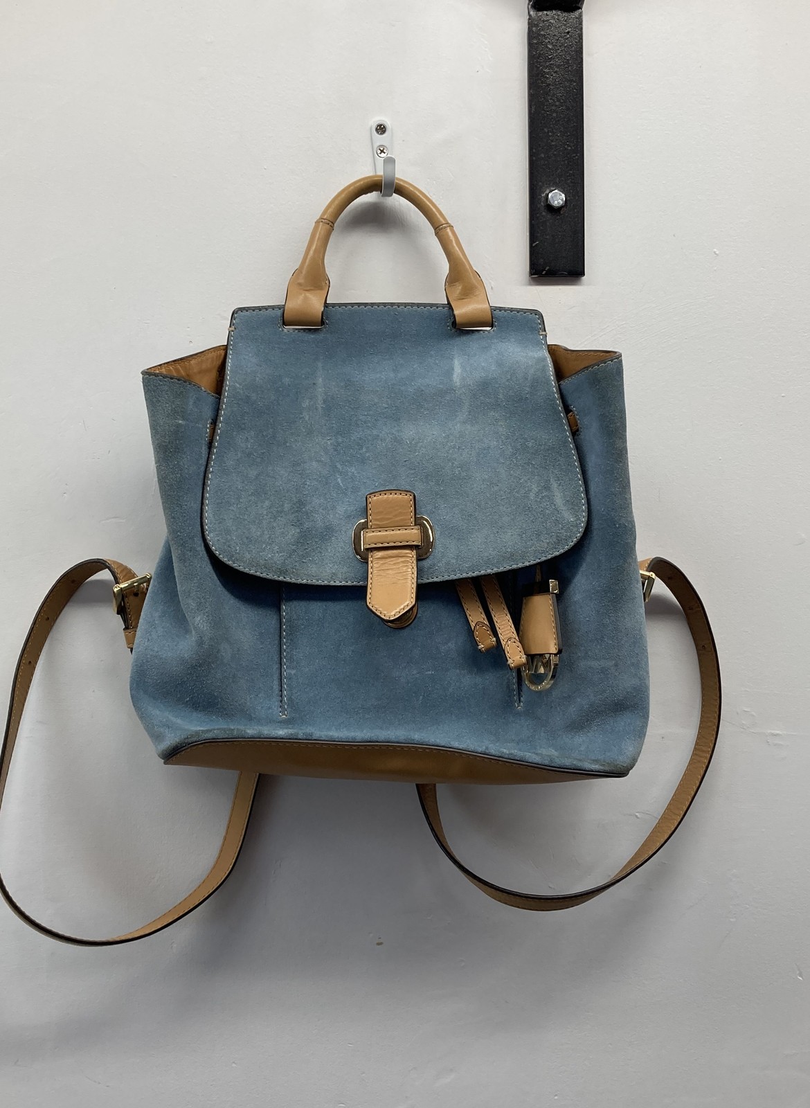 Michael Kors Blue Suede Tan Leather Backpack Purse Gold Hardware