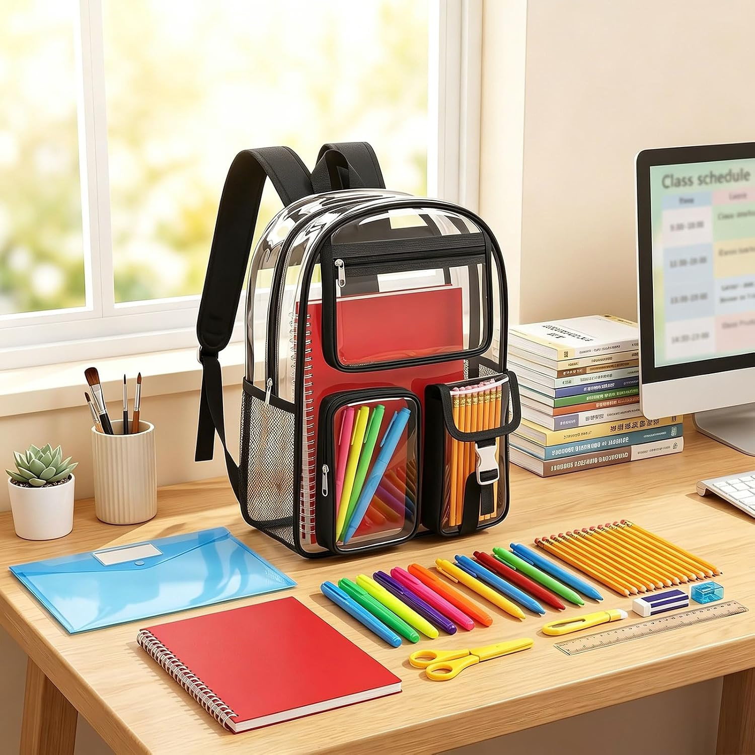 29 Pcs Clear Backpacks with Study Supplies, 17In Transparent PVC Bag for Element