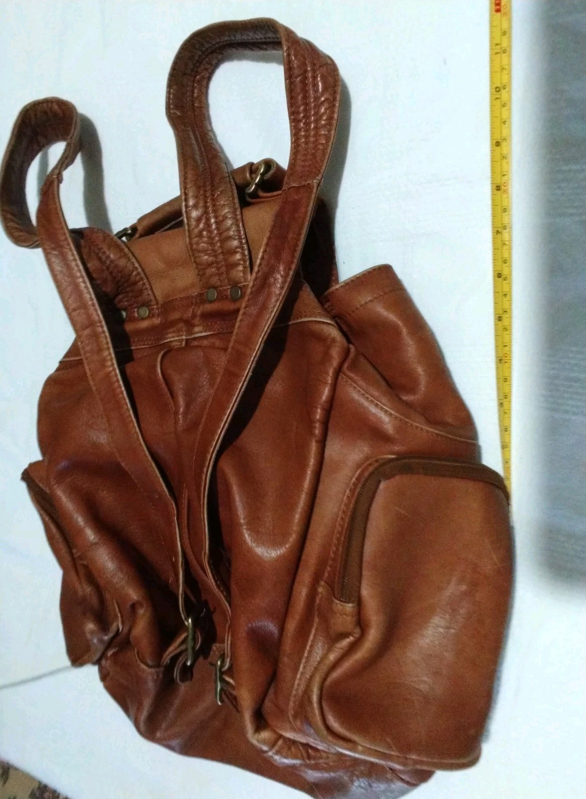 Vintage Brown Leather Backpack,From Columbia South America Drawstring &Snap READ