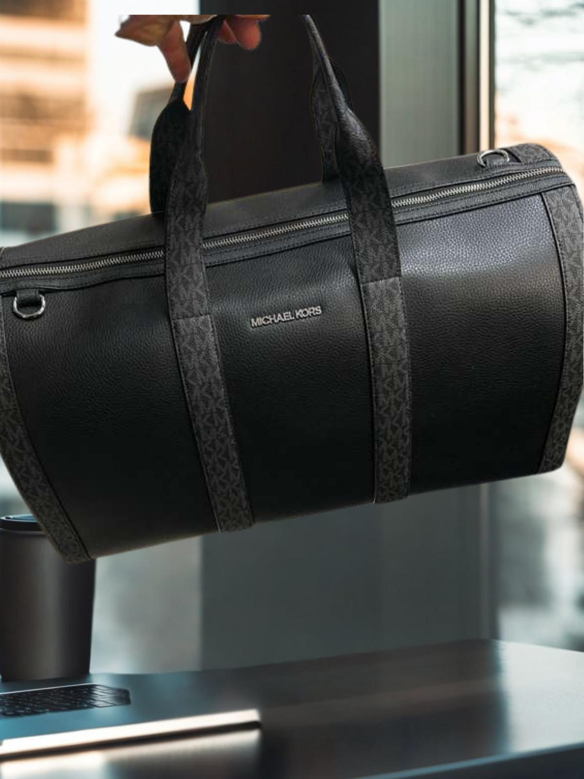 Michael Kors Cooper Men Pebbled Leather and Logo Duffel Travel Bag Black