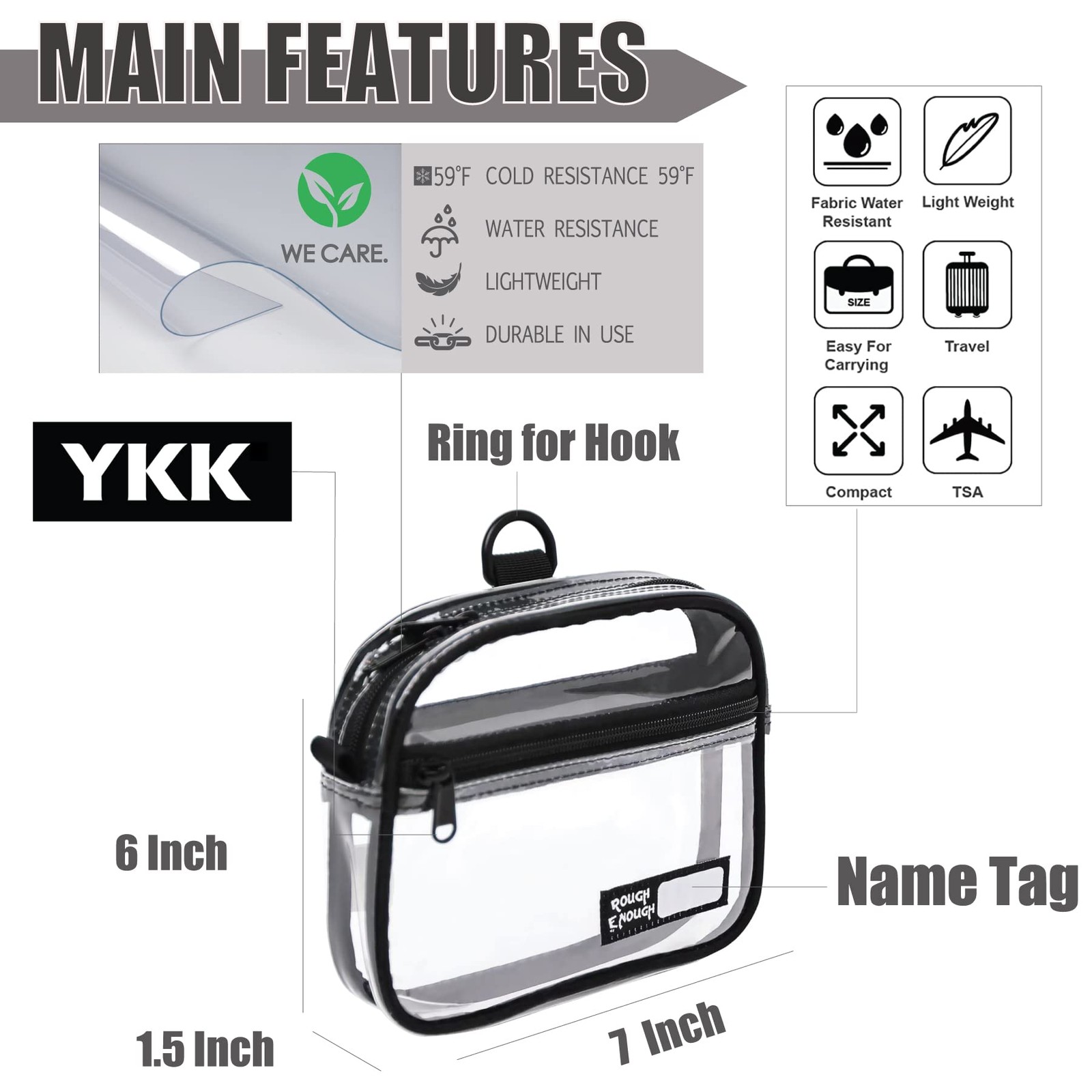 Rough Enough Clear TSA Approved Toiletry Bag for 7 x 6 x 1.5 inches, Black