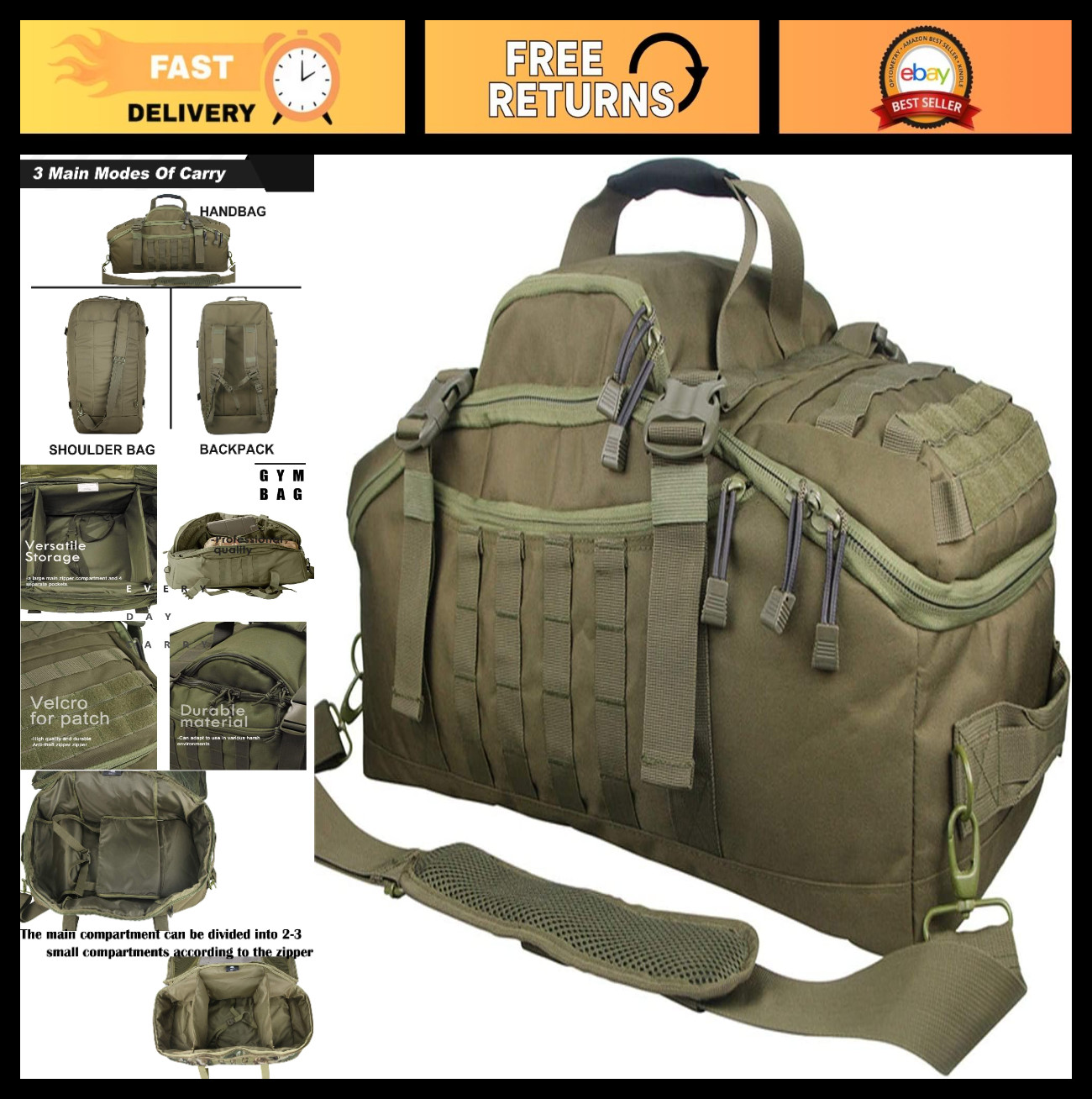 3-in-1 Military Style Backpack Duffle Bag for Travel, Gym, Weekend & Workouts