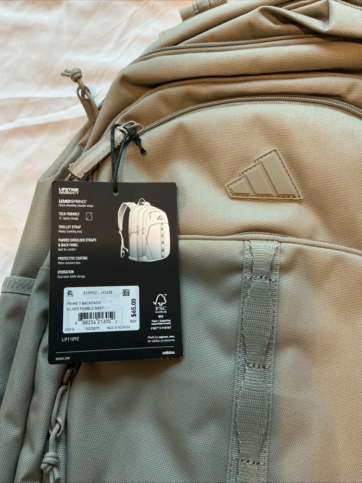 Adidas Prime 7 Backpack Silver Pebble Gray, fits 17″ Laptop, Loadspring Straps