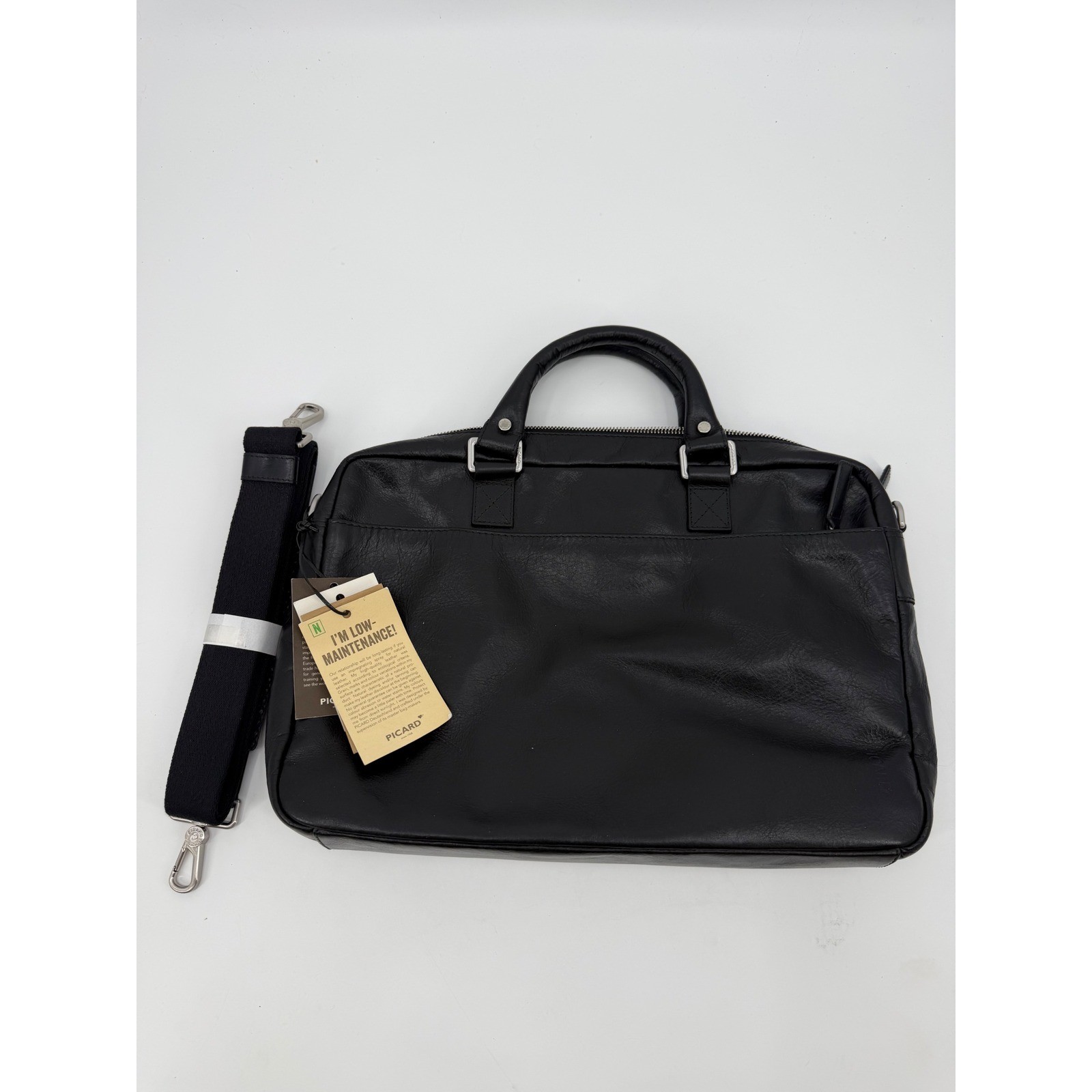 Picard Black Leather Briefcase Slim Laptop Bag Made in Europe NWT