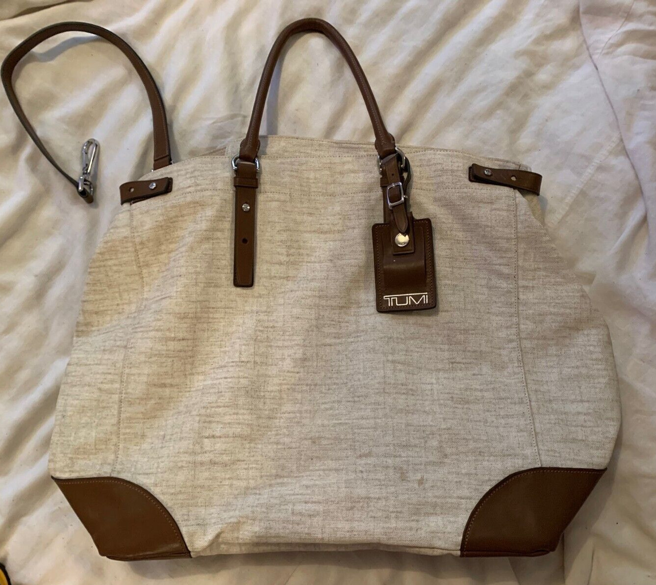 TUMI Alpha Linen Leather Travel Duffle Carry on Bag Tote Weekender Suitcase