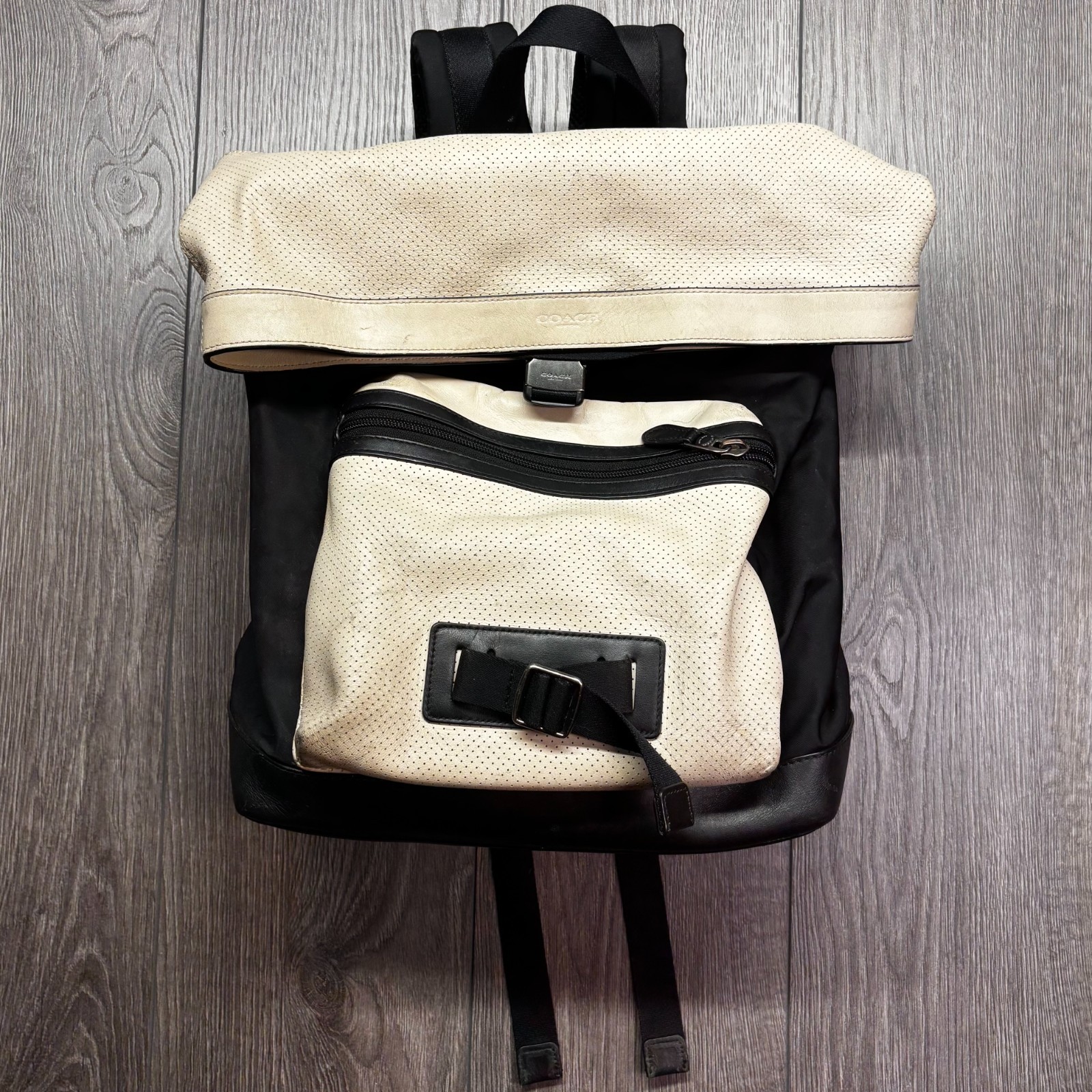 COACH F56662 Explorer Back Pack Perforated Mixed Materials Chalk/Black