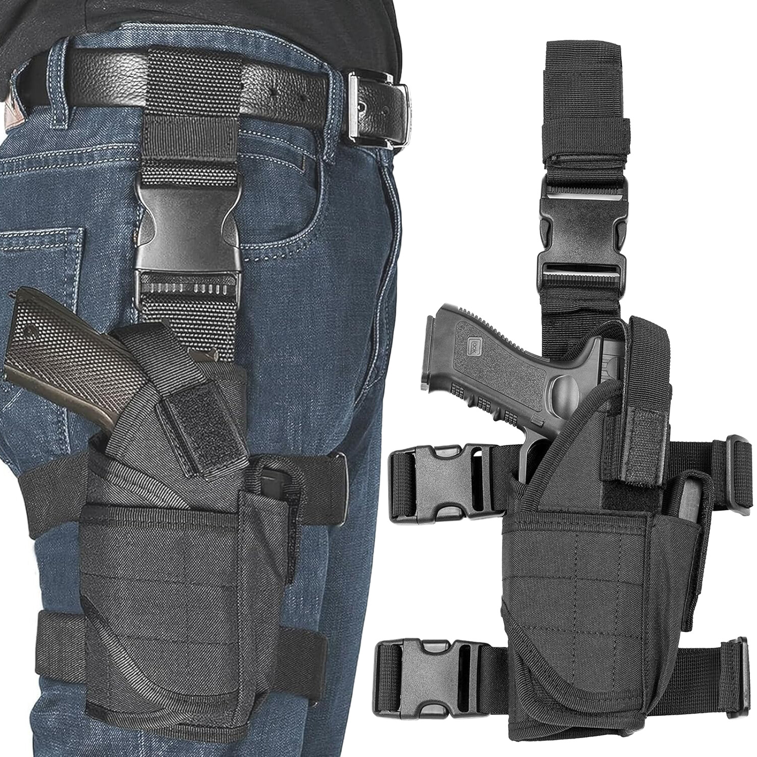 Tactical Pistol Drop Leg Holster Magazine Bag Adjustable Right Hand Gun Holster