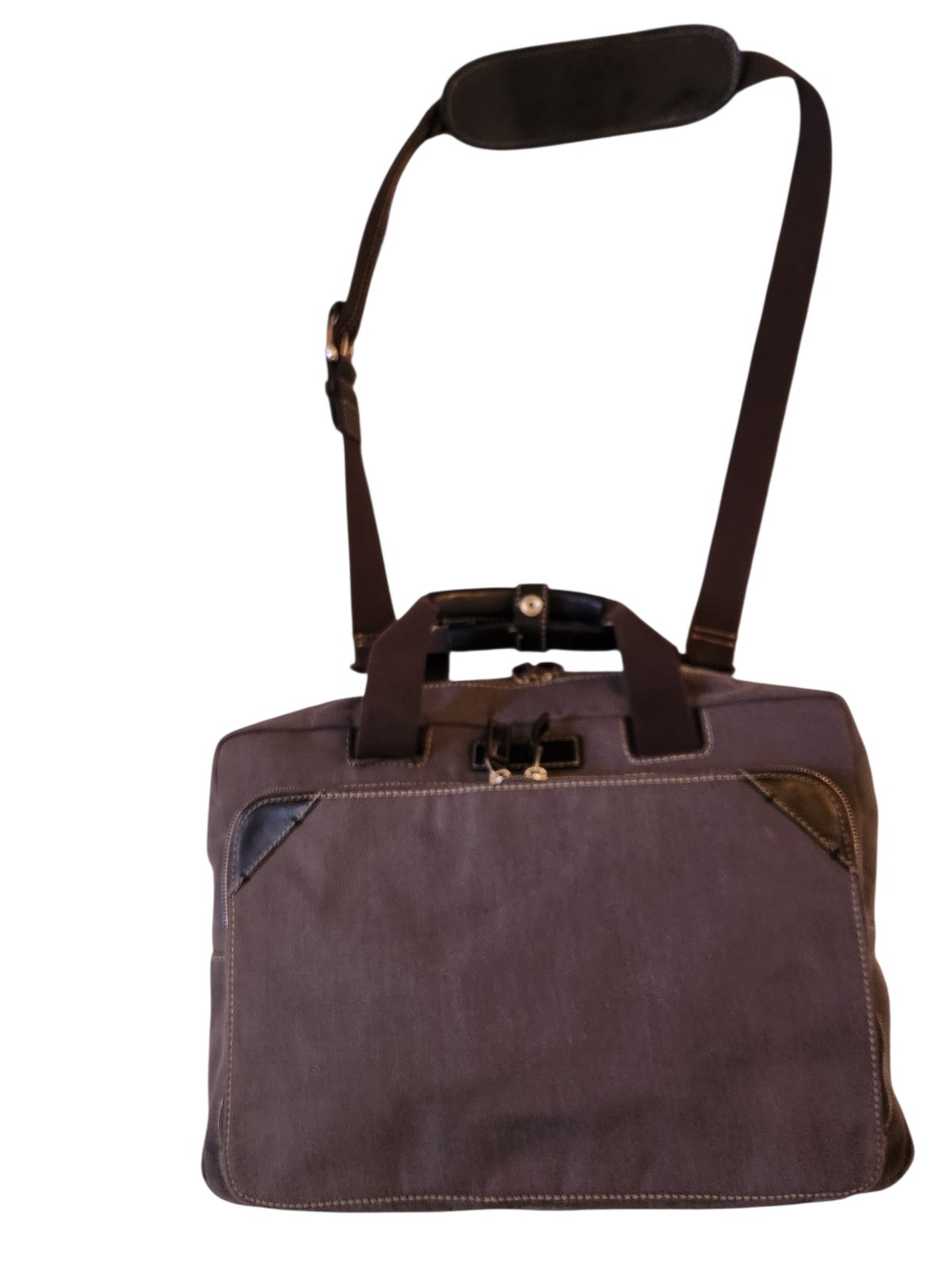 COLE HAAN PADDED SLEEVE LAPTOP BRIEFCASE CANVAS LEATHER GRAY FITS 14″