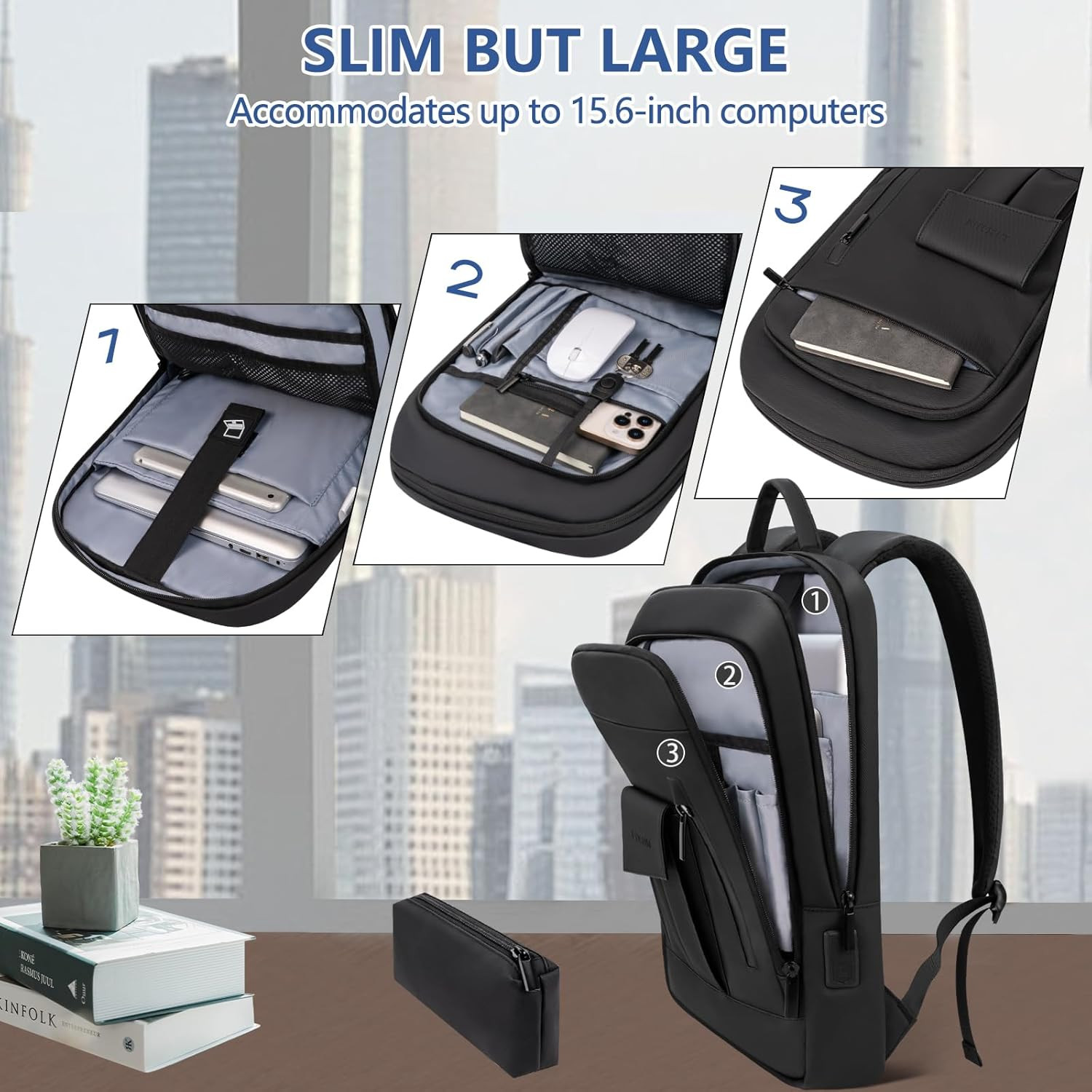 Business Backpack for Men Slim Lightweight Laptop Backpack Water Resistant Small