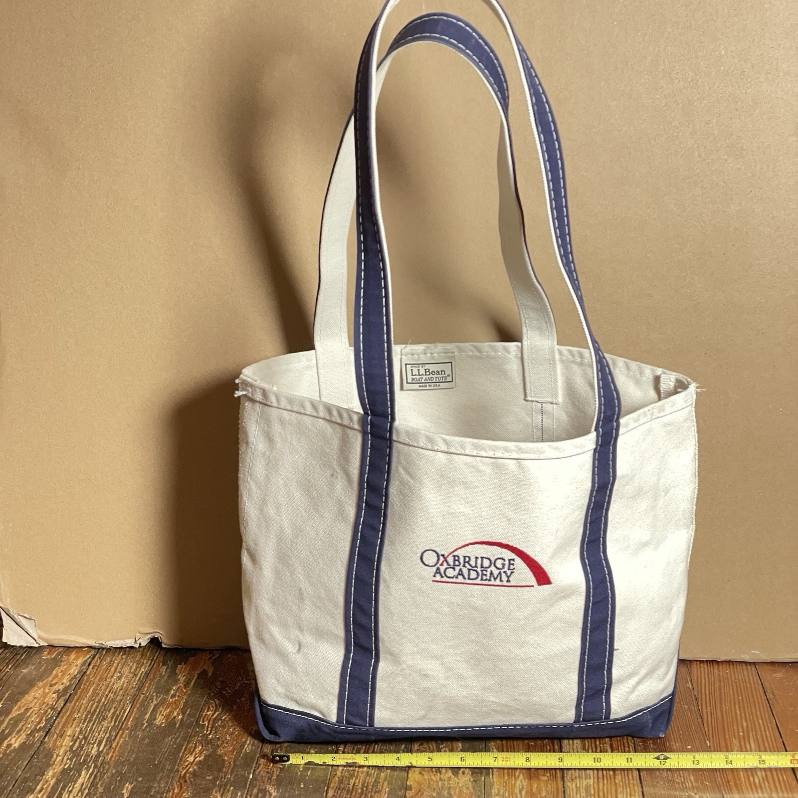 Vintage LL Bean Boat & Tote Bag Medium USA Canvas Blue Straps Oxbridge Academy