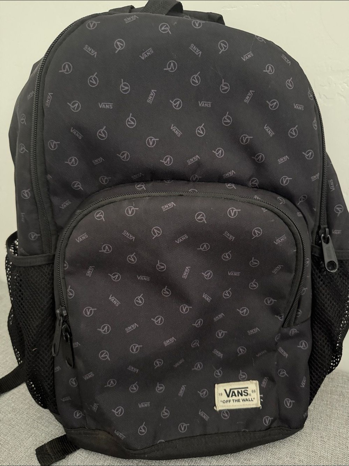 Vans Alumni Backpack – Black Monogram Logo Print 🎒