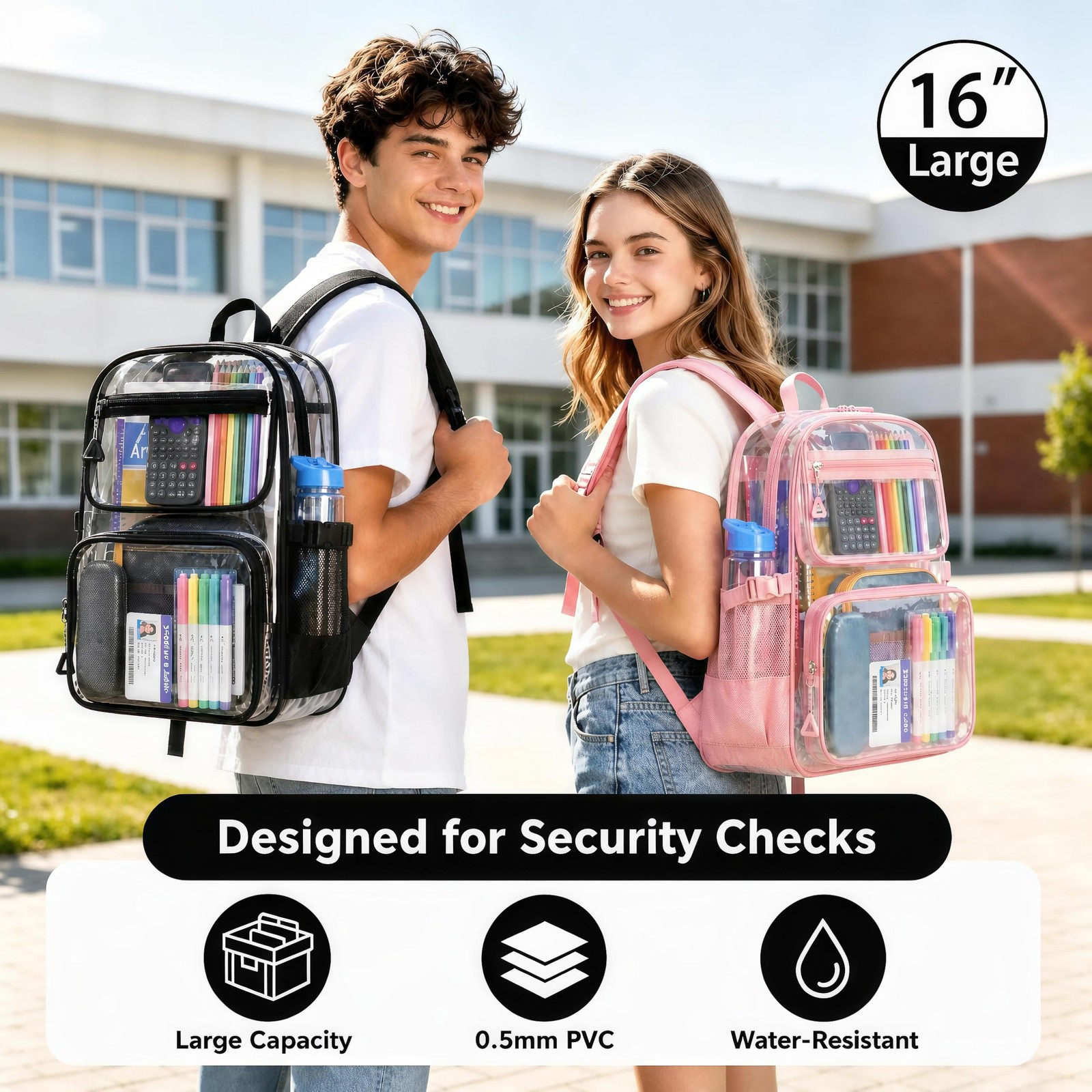 Clear Backpack 16″ X 12″ X 5.5″ Large Capacity PVC Transparent Bookbag – Ideal