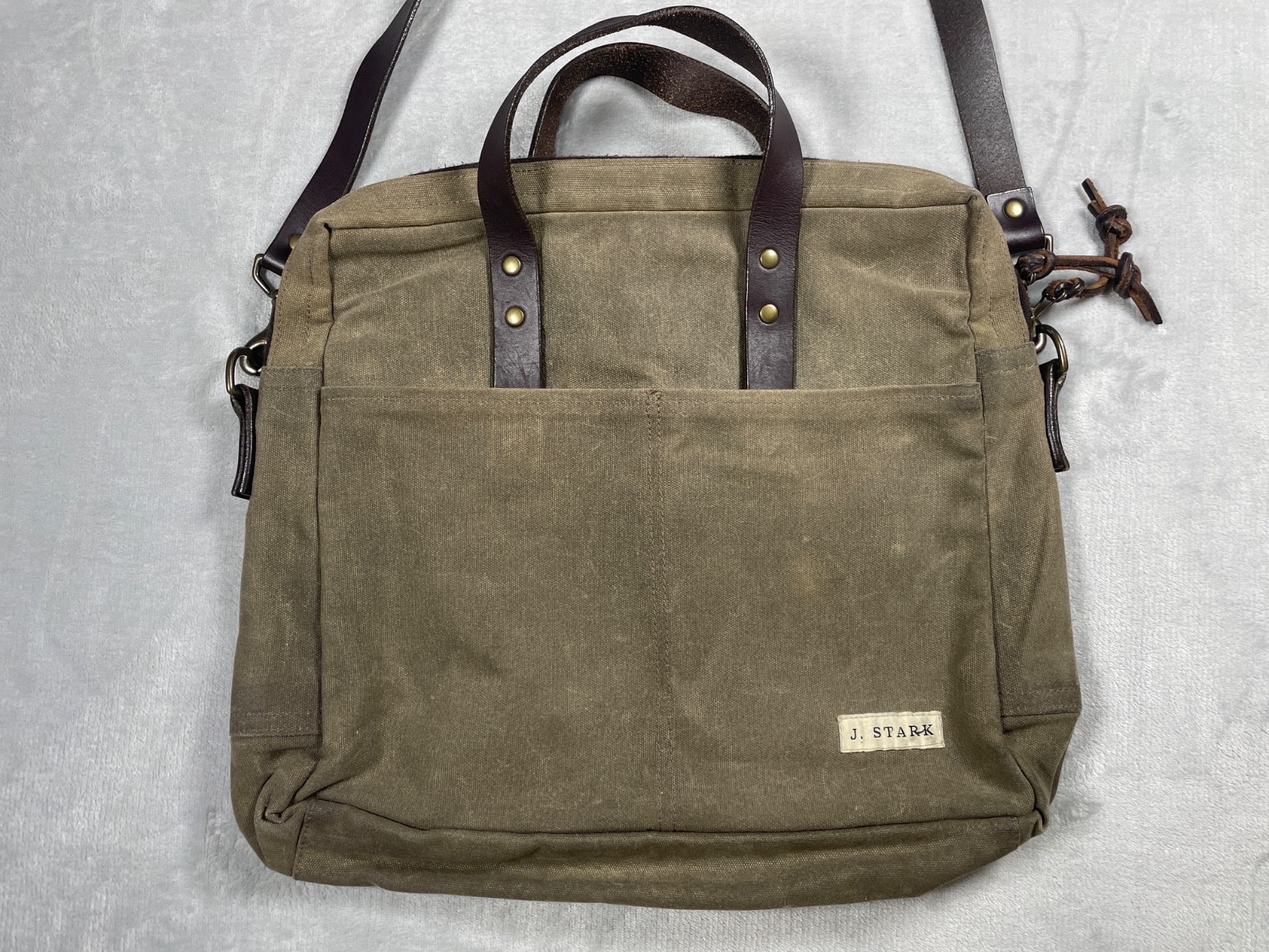 J. Stark Waxed Canvas Briefcase Messenger Bag Olive Brown Leather Strap USA